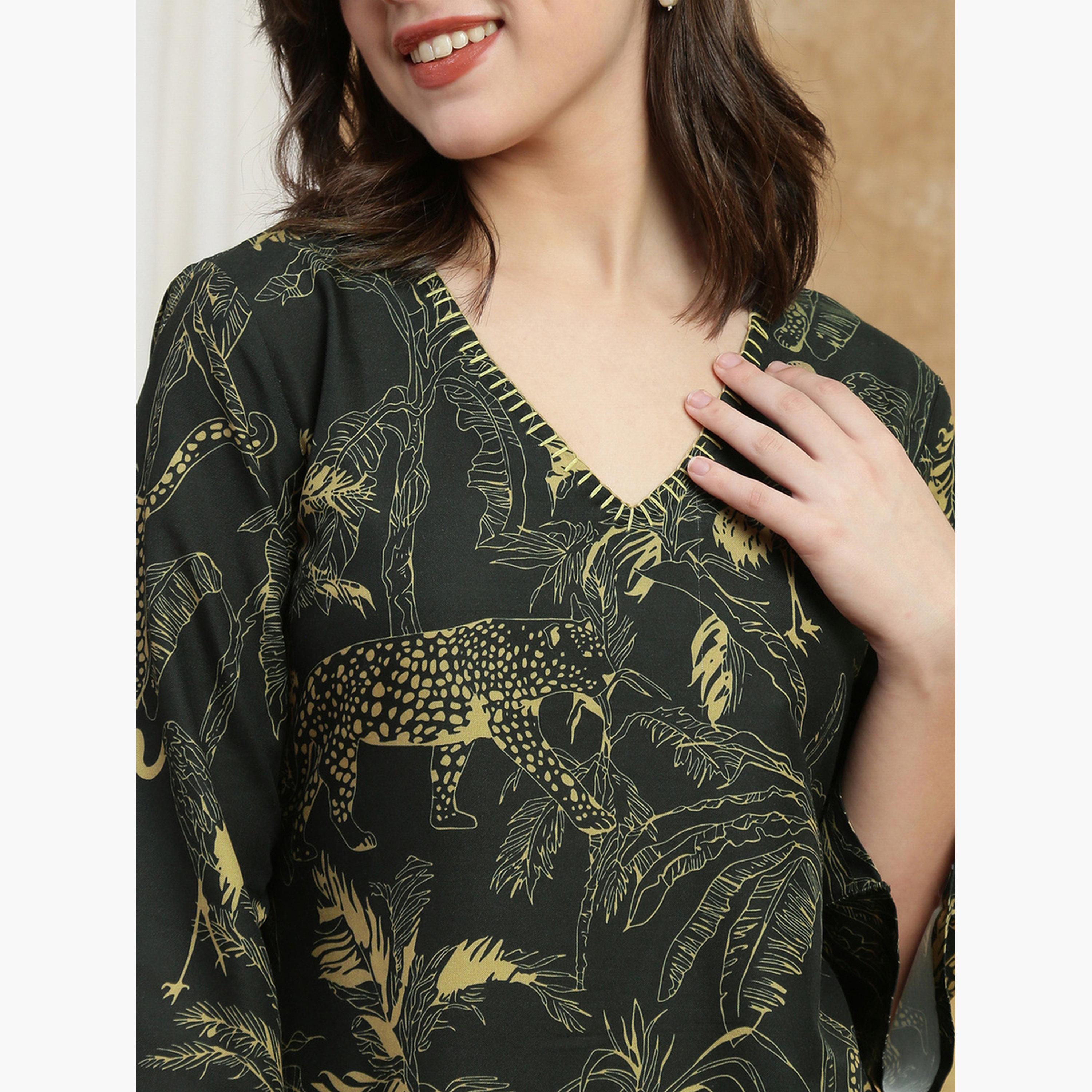 كورتا مطبوعة بنمط استوائي وأكمام واسعة-women-clothing-ethnicwear-kurtas-image-5