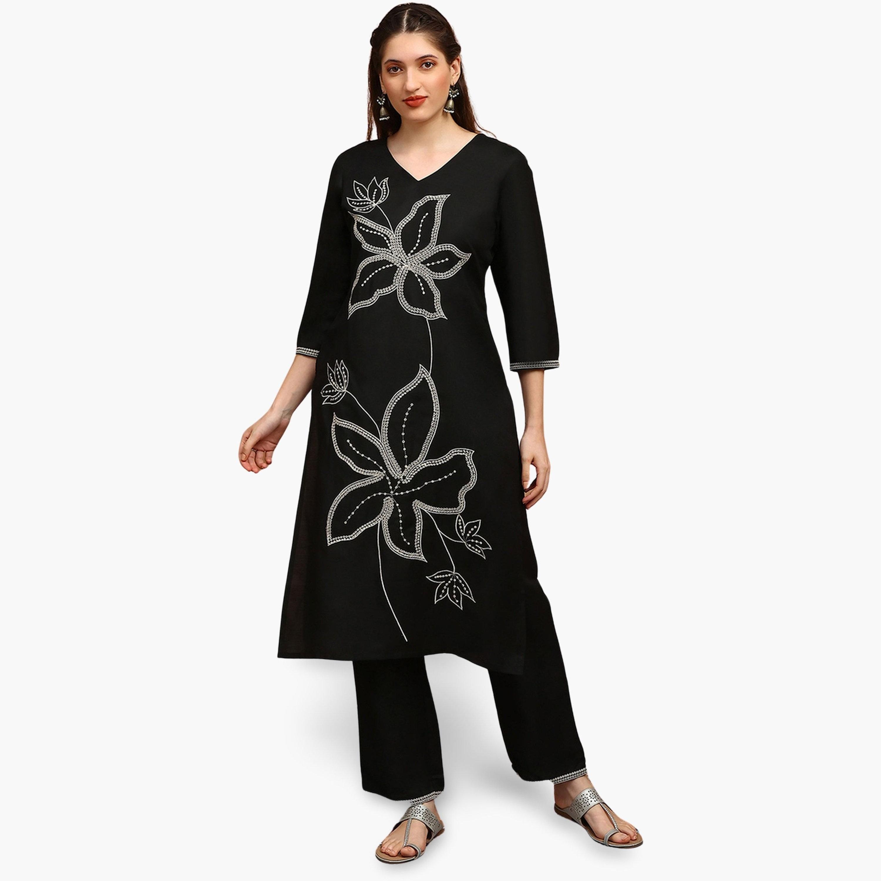 طقم كورتا مطرزة بالأزهار مع بنطال واسع الأرجل للنساء-women-clothing-ethnicwear-kurtasets-image-1