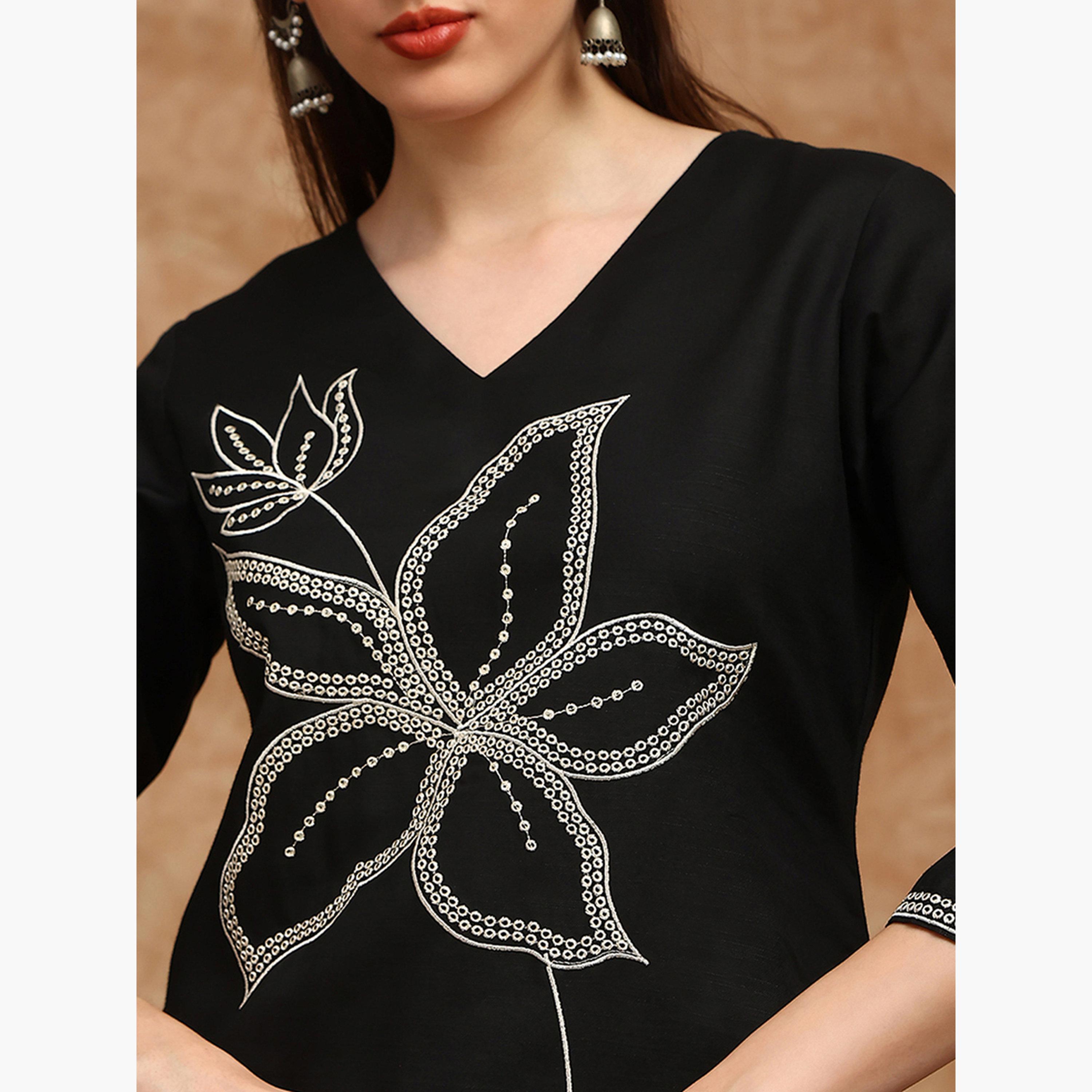 Globus X Styli Women Black Floral Embroidered Kurta with Wide Leg Pants Set-women-clothing-ethnicwear-kurtasets-image-6