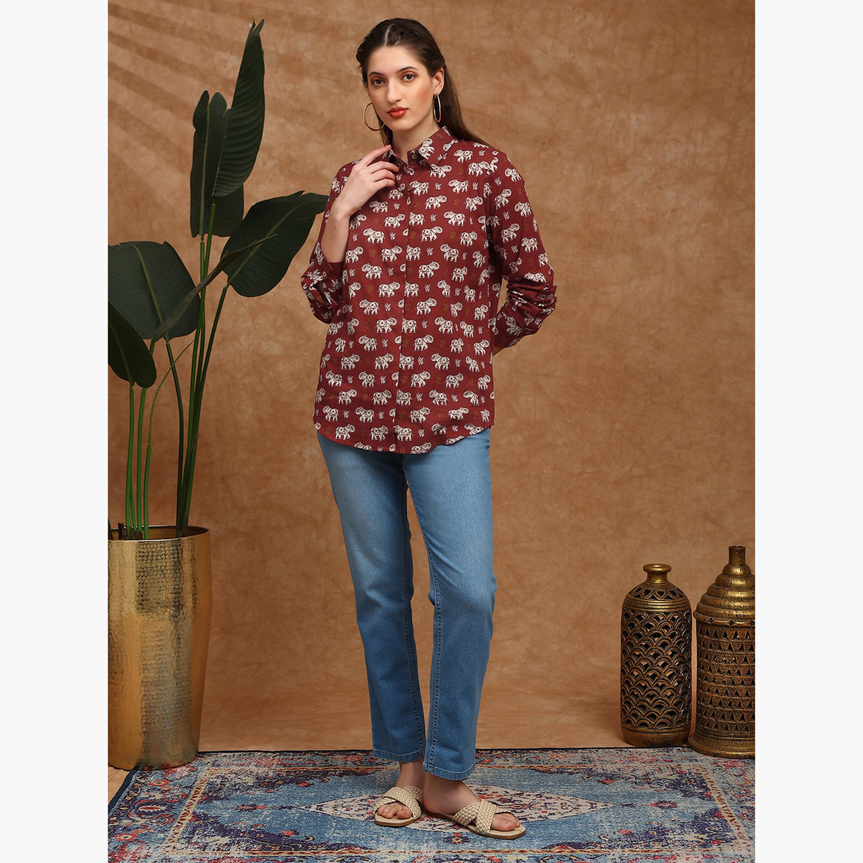 Globus X Styli Women Red Collared Tribal Print Shirt Tunic-women-clothing-shirtsandblouses-shirts-image-2