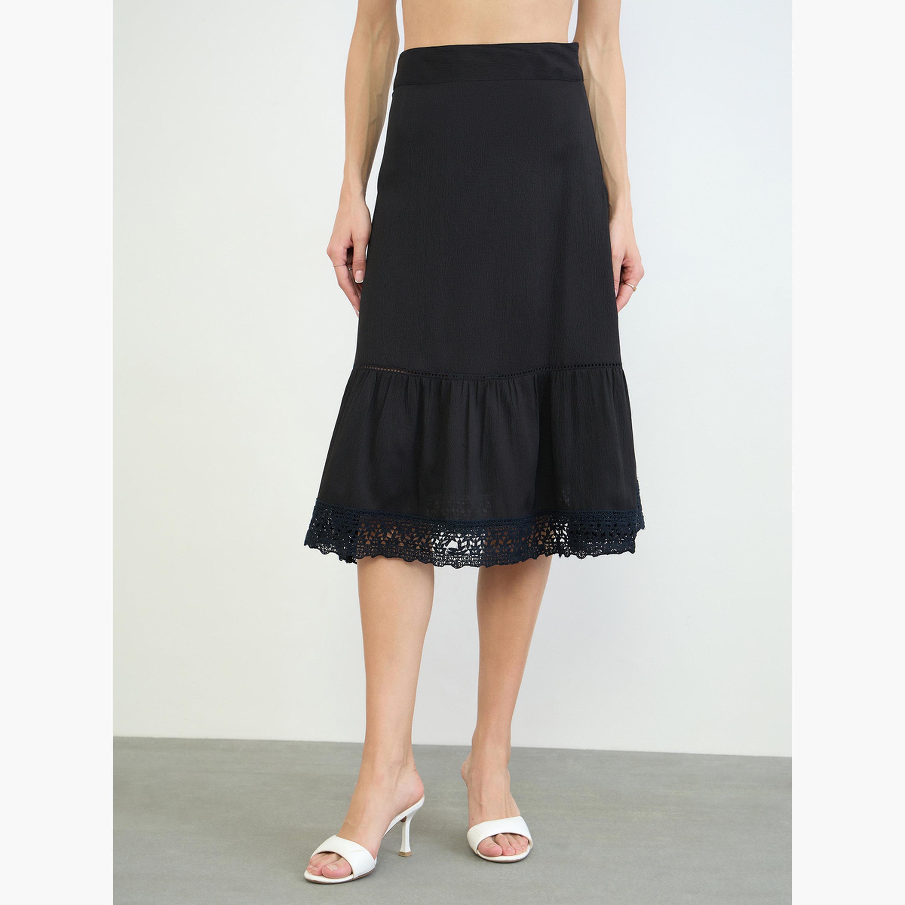تنورة ميدي بحافة واسعة مع تفاصيل دانتيل-women-clothing-skirts-image-1