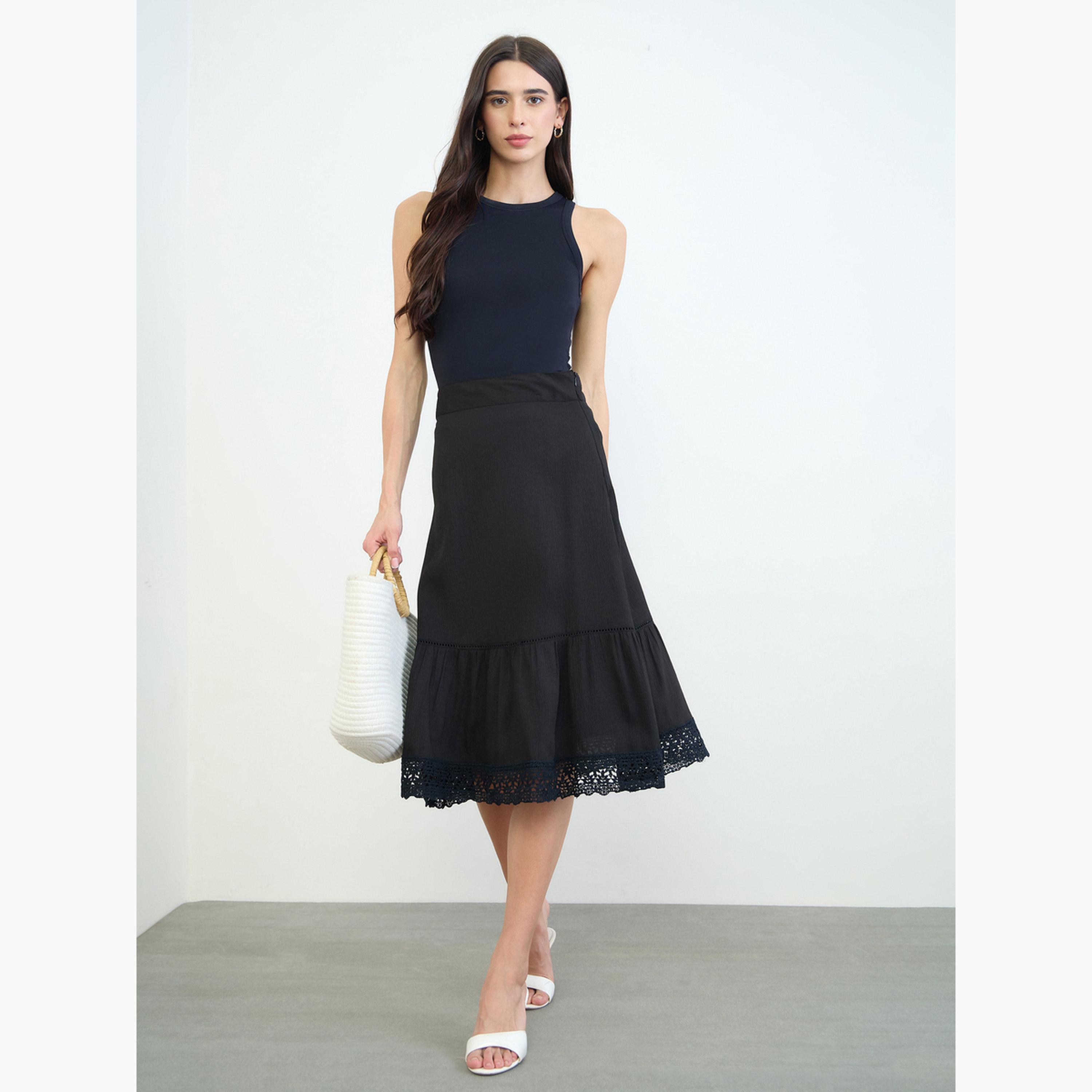 تنورة ميدي بحافة واسعة مع تفاصيل دانتيل-women-clothing-skirts-image-2