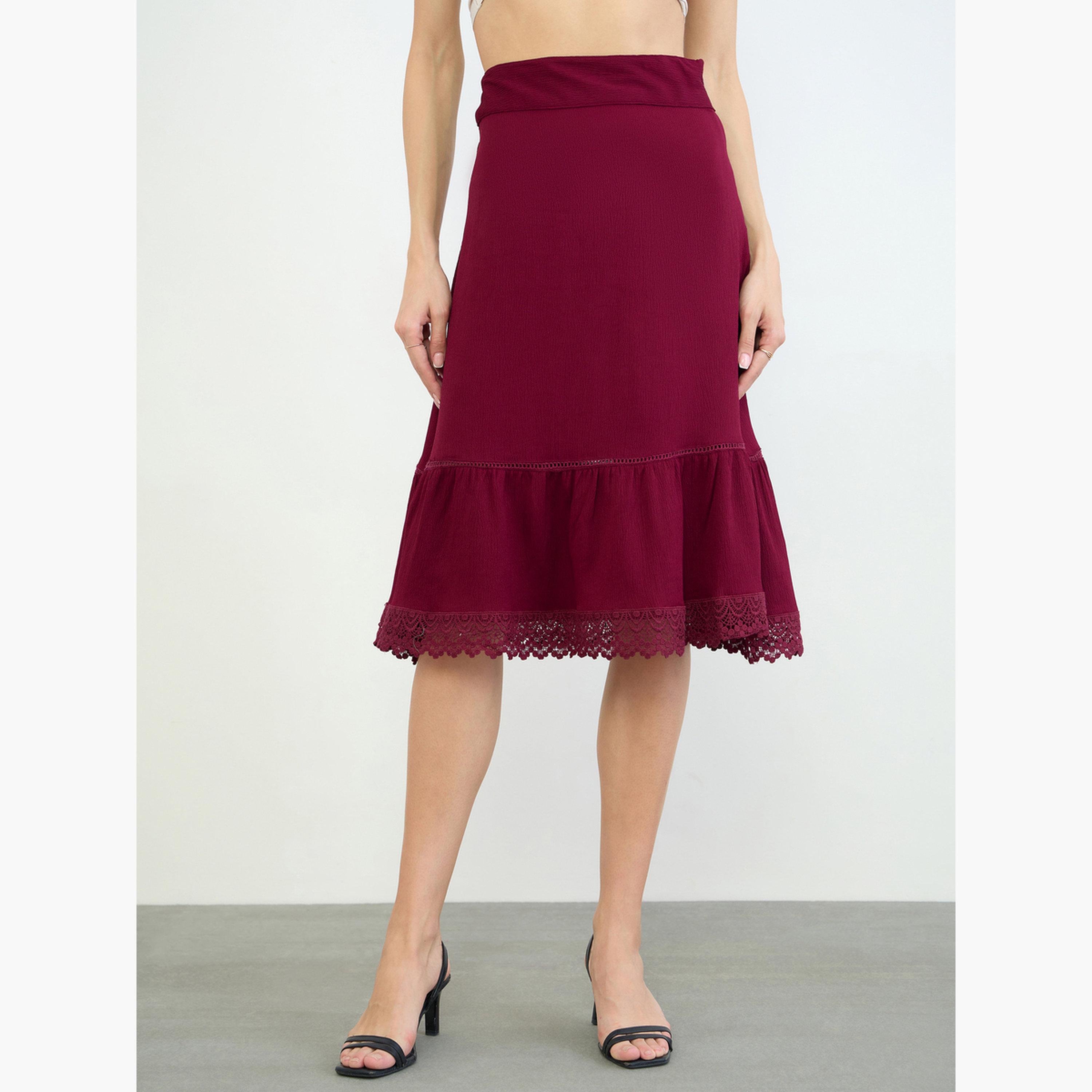 Styli Burgundy A-Line Midi Skirt with Lace Detail-women-clothing-skirts-image-1