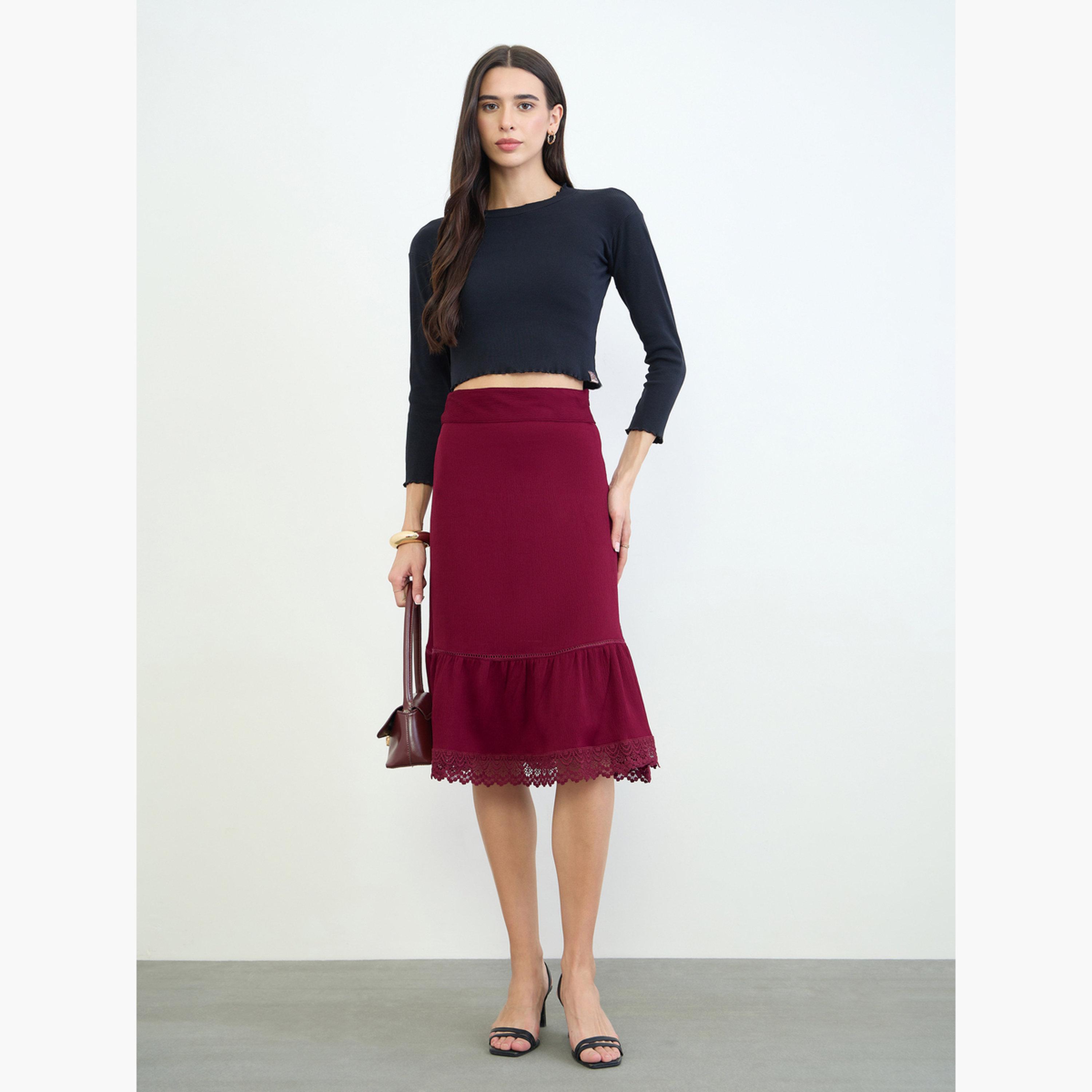 Styli Burgundy A-Line Midi Skirt with Lace Detail-women-clothing-skirts-image-2