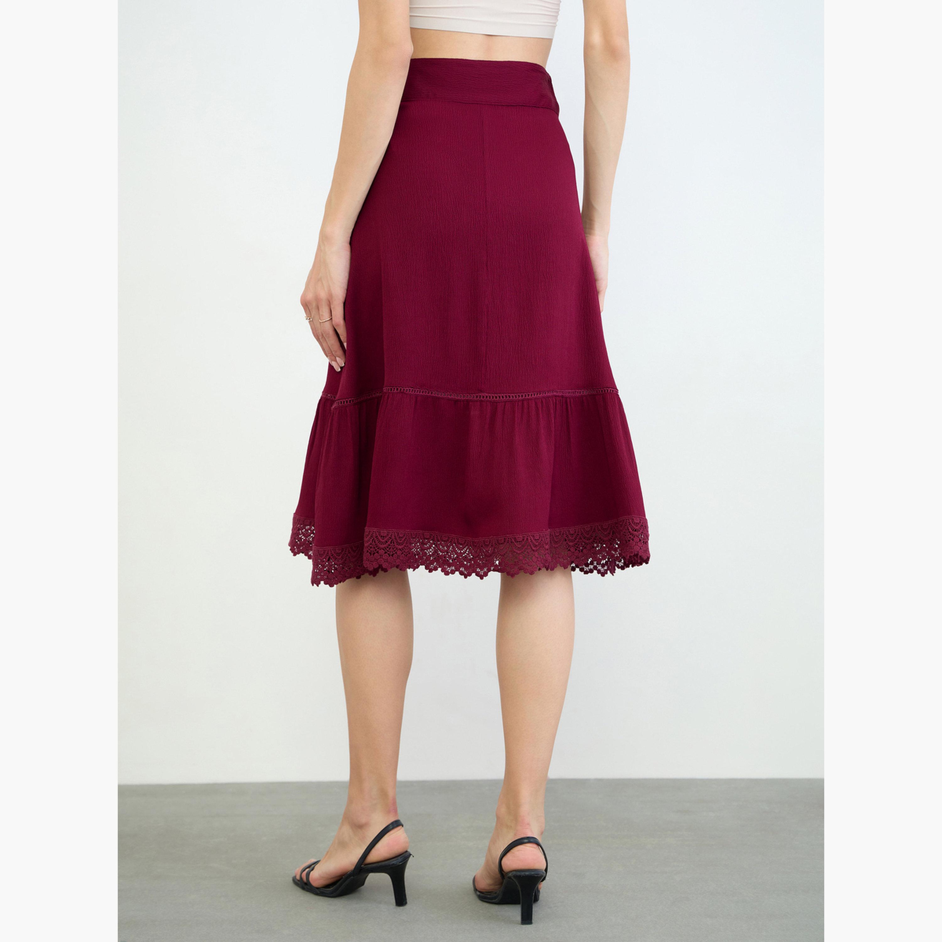 Styli Burgundy A-Line Midi Skirt with Lace Detail-women-clothing-skirts-image-4