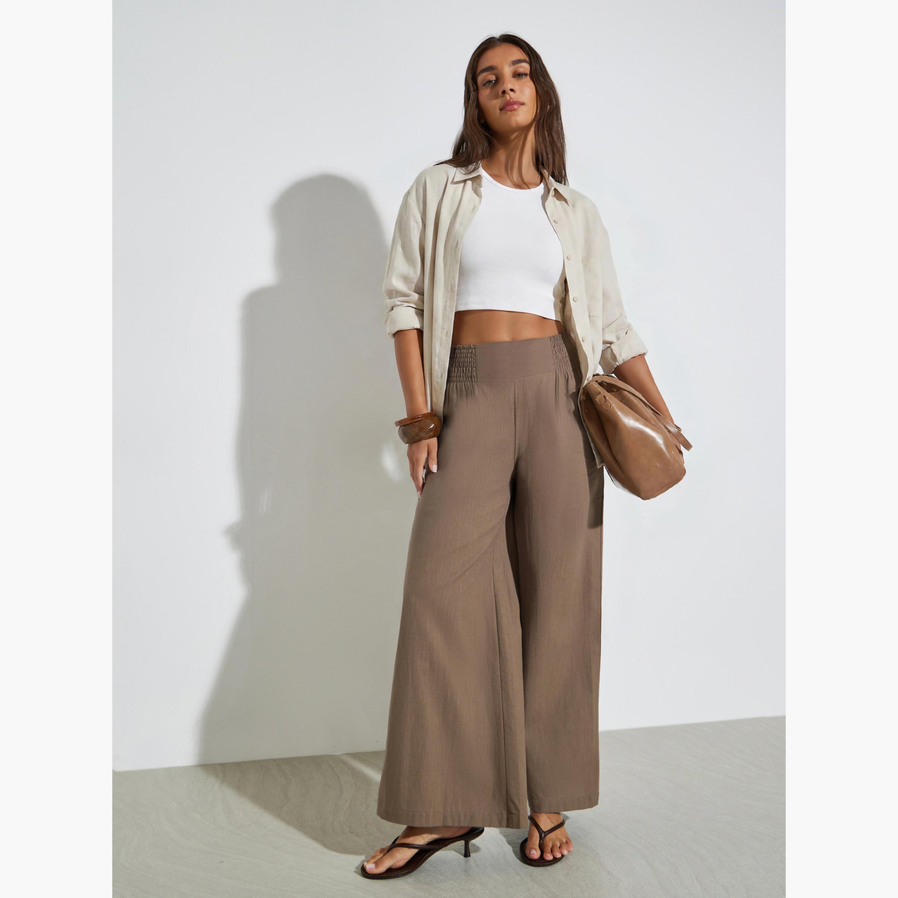 Styli Brown Cotton Wide Leg Trousers-women-clothing-bottoms-joggers-image-2