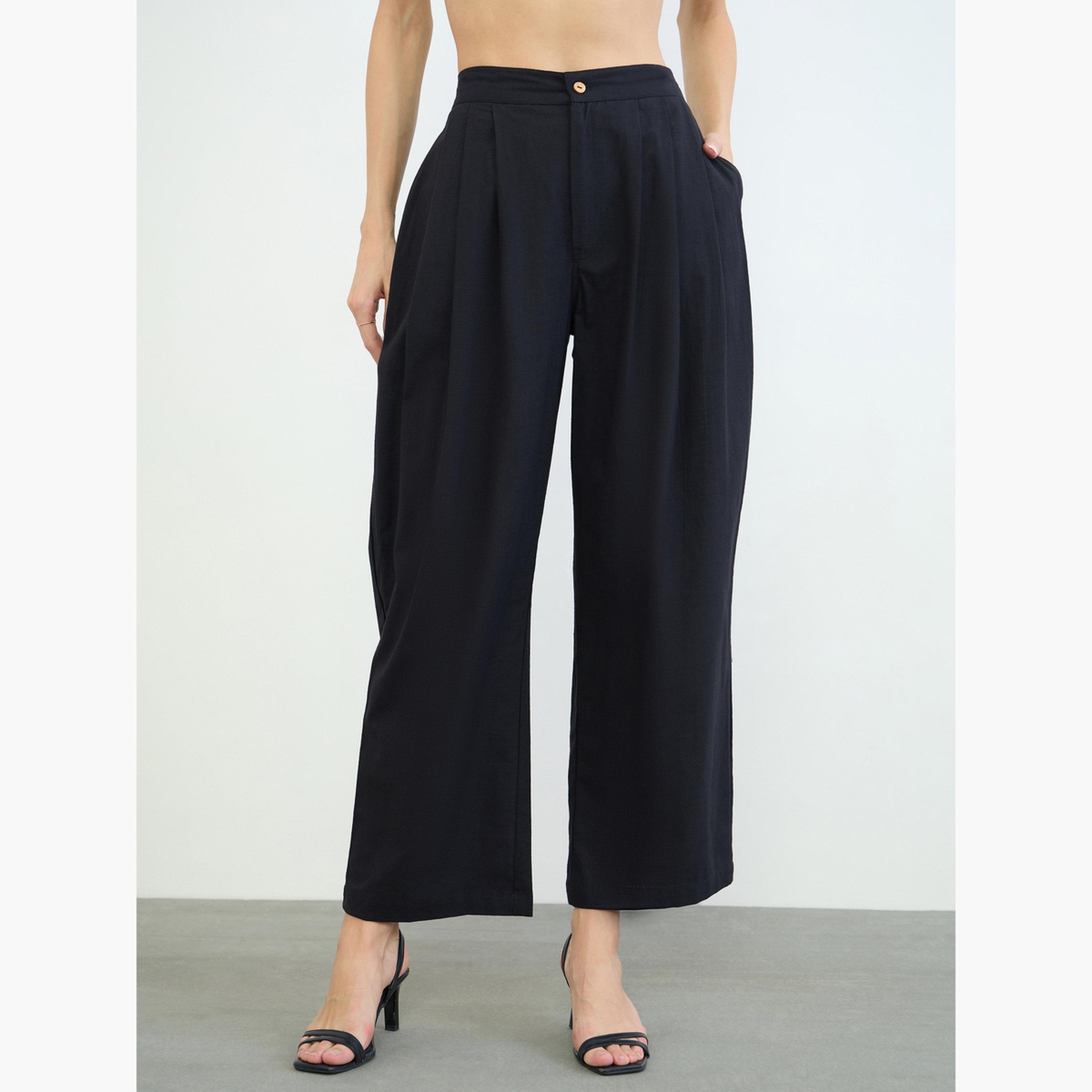 Styli Black Pleated Wide Leg Trousers-women-clothing-trousers-image-1