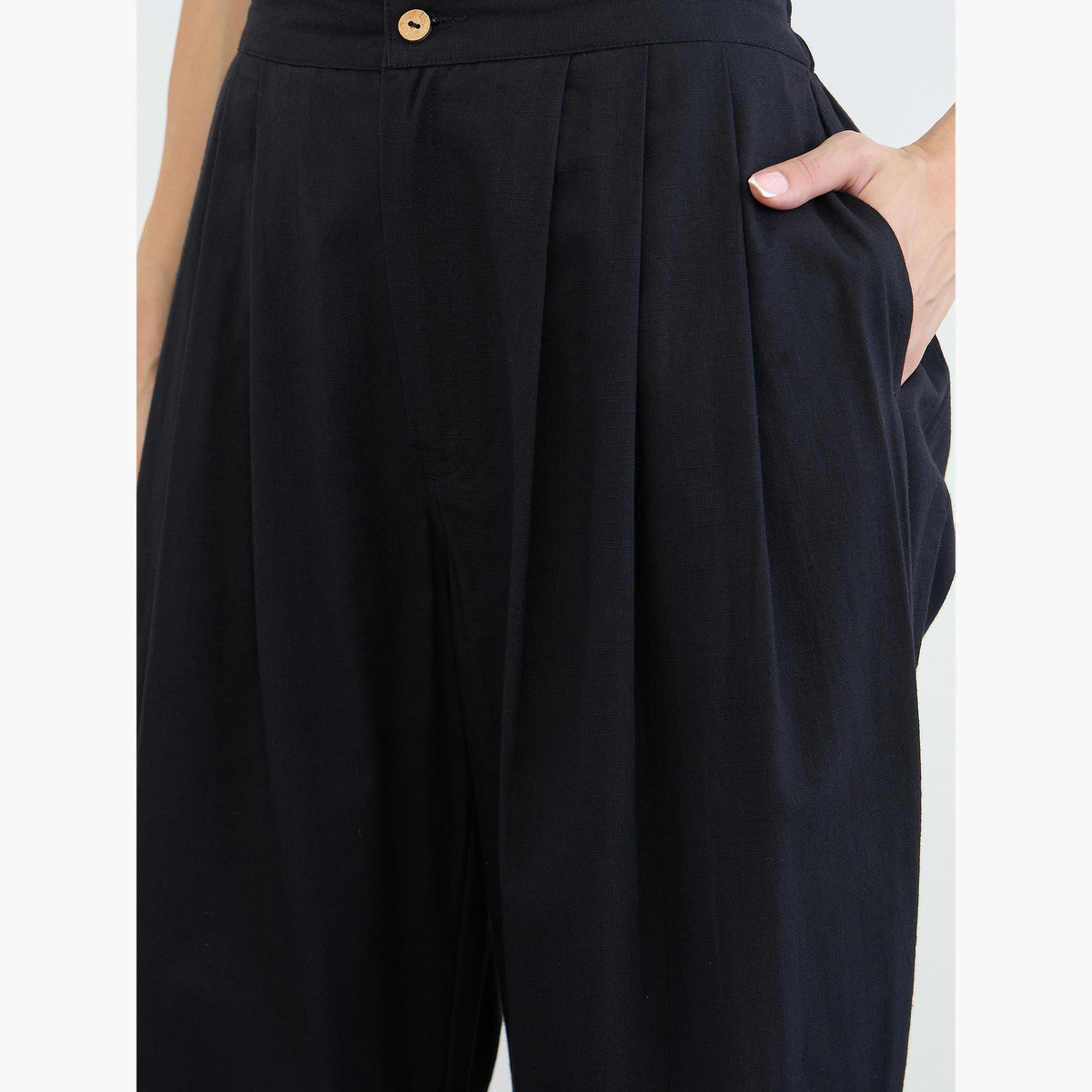Styli Black Pleated Wide Leg Trousers-women-clothing-trousers-image-3