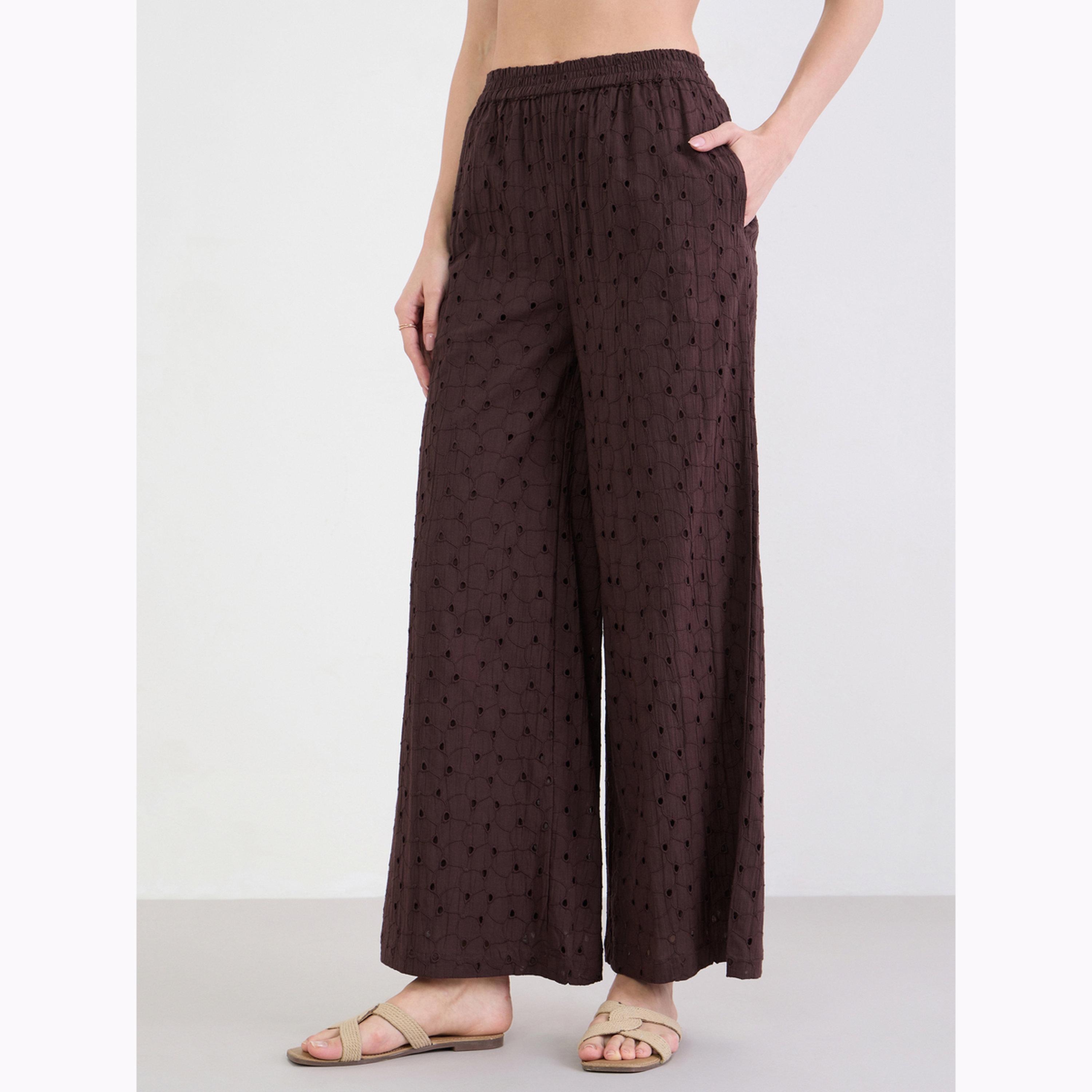 Styli Coffee Brown Schiffli Wide Leg Trousers-women-clothing-bottoms-joggers-image-1