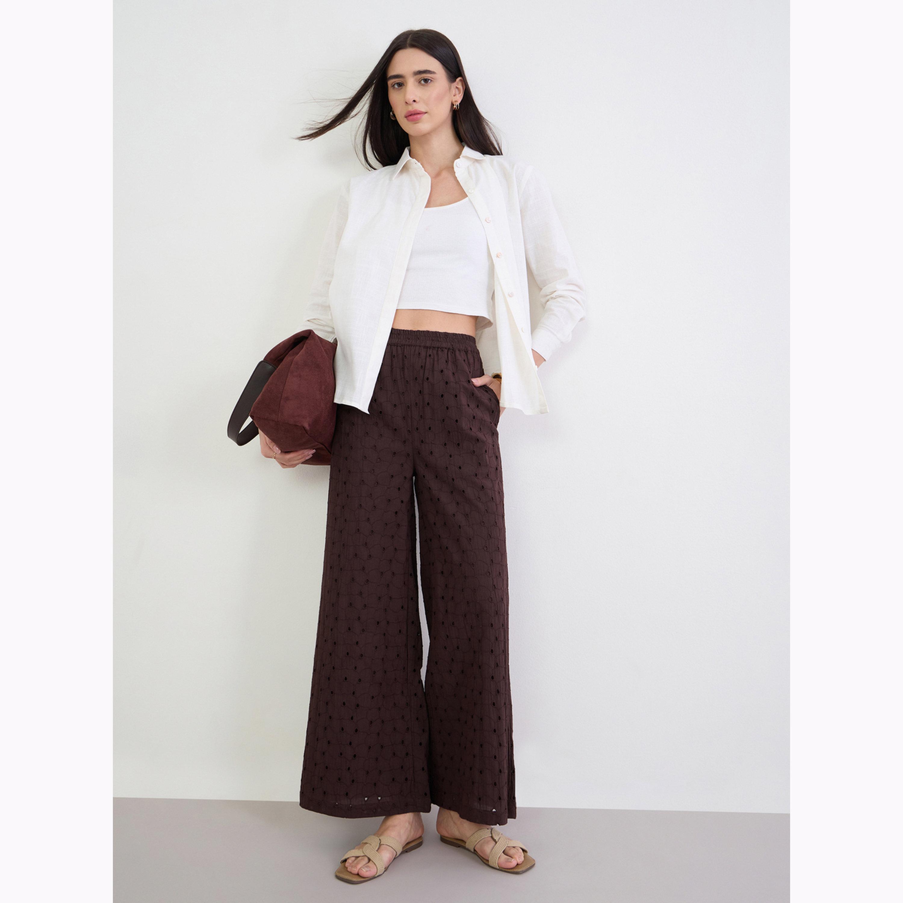 Styli Coffee Brown Schiffli Wide Leg Trousers-women-clothing-bottoms-joggers-image-2