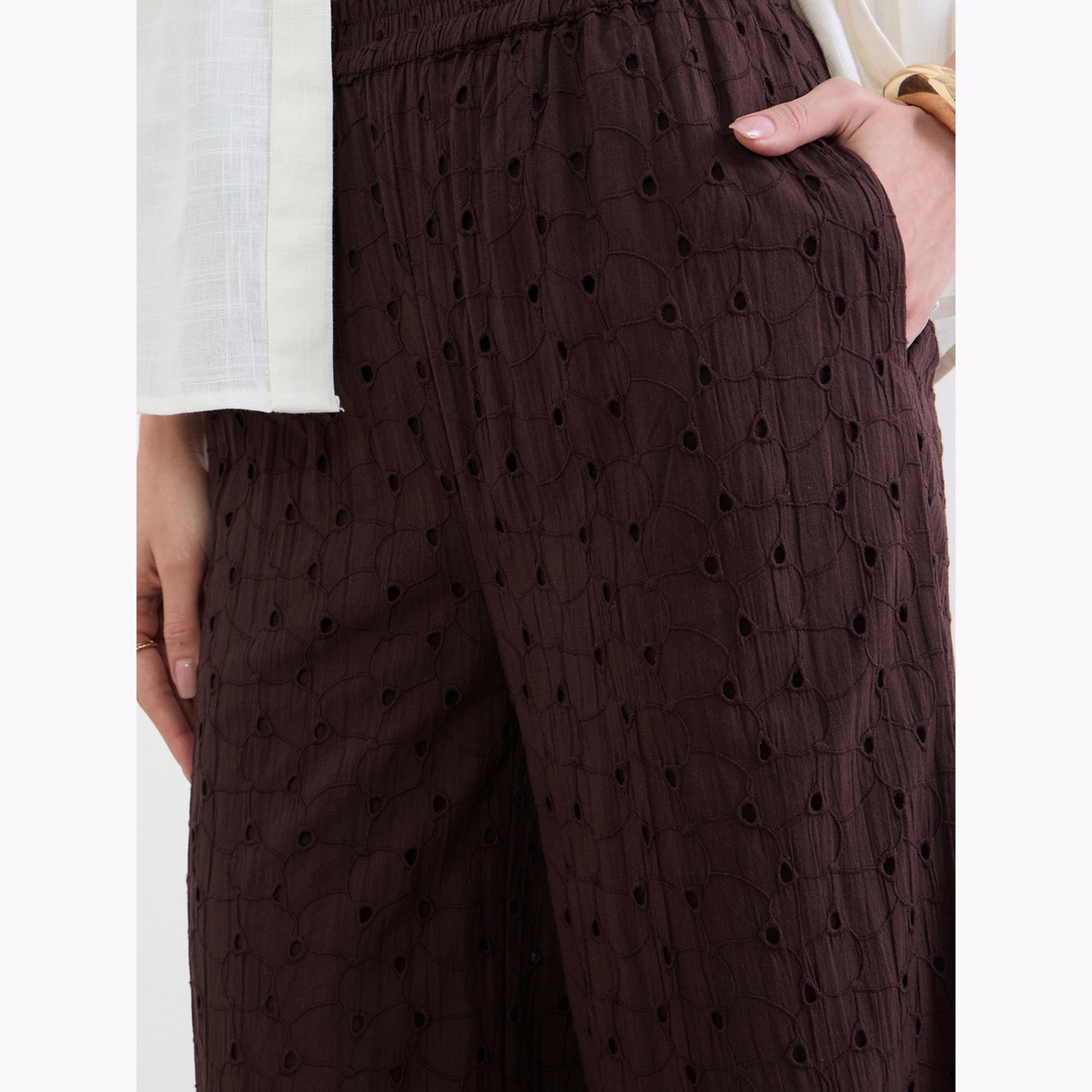 Styli Coffee Brown Schiffli Wide Leg Trousers-women-clothing-bottoms-joggers-image-3