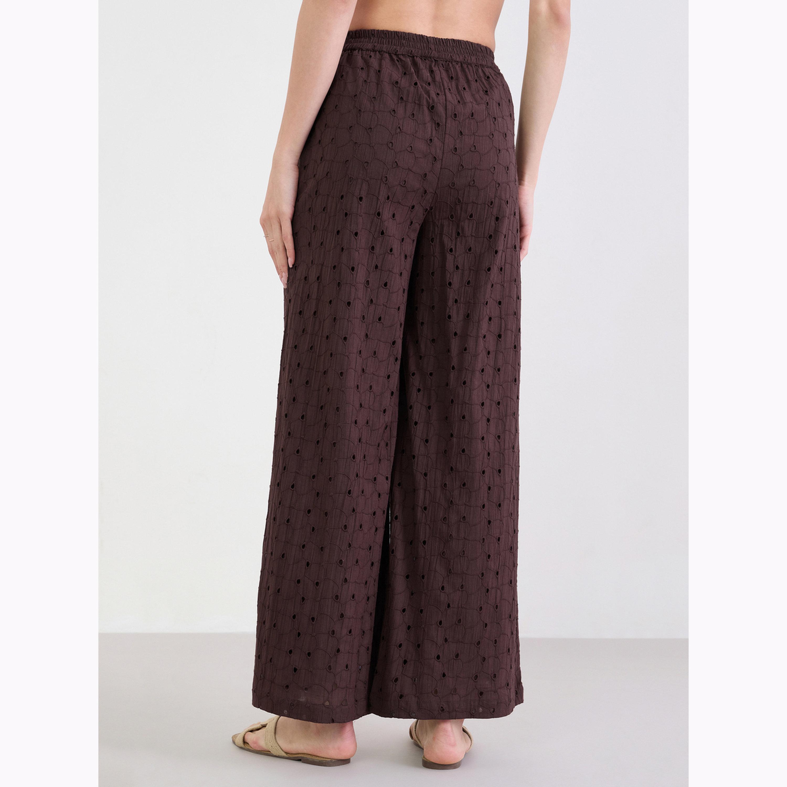 Styli Coffee Brown Schiffli Wide Leg Trousers-women-clothing-bottoms-joggers-image-4