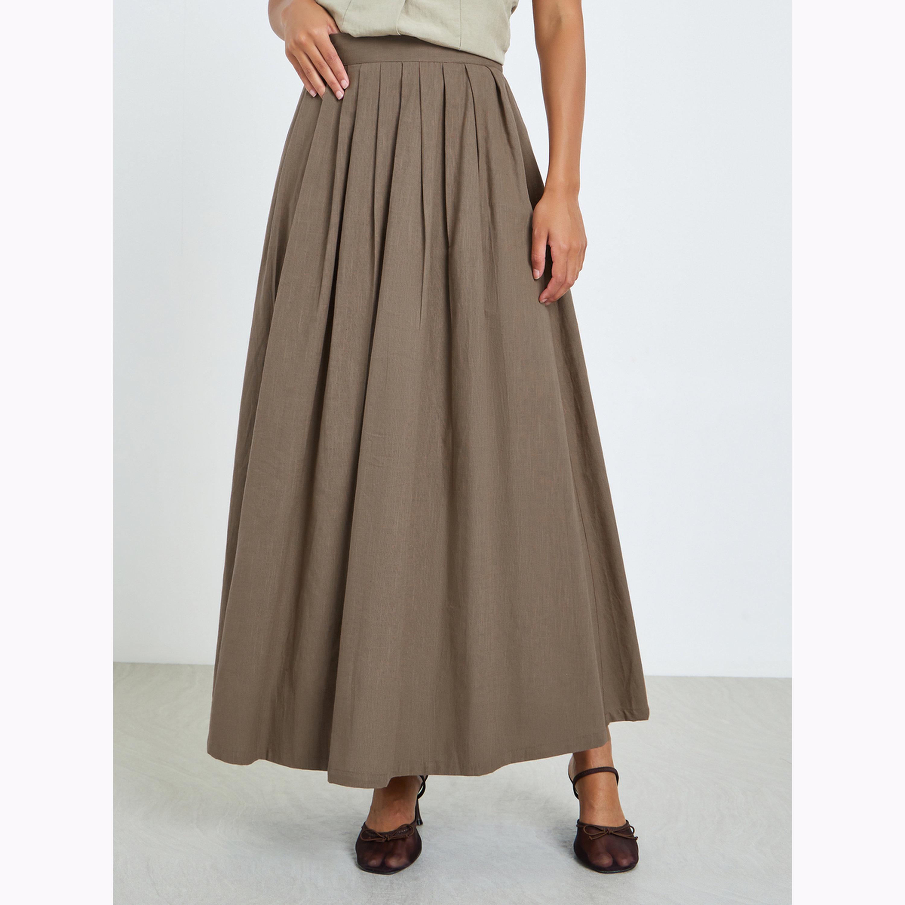 Styli Brown Fold Pleat Cotton Maxi Skirt-women-clothing-bottoms-skirts-image-1