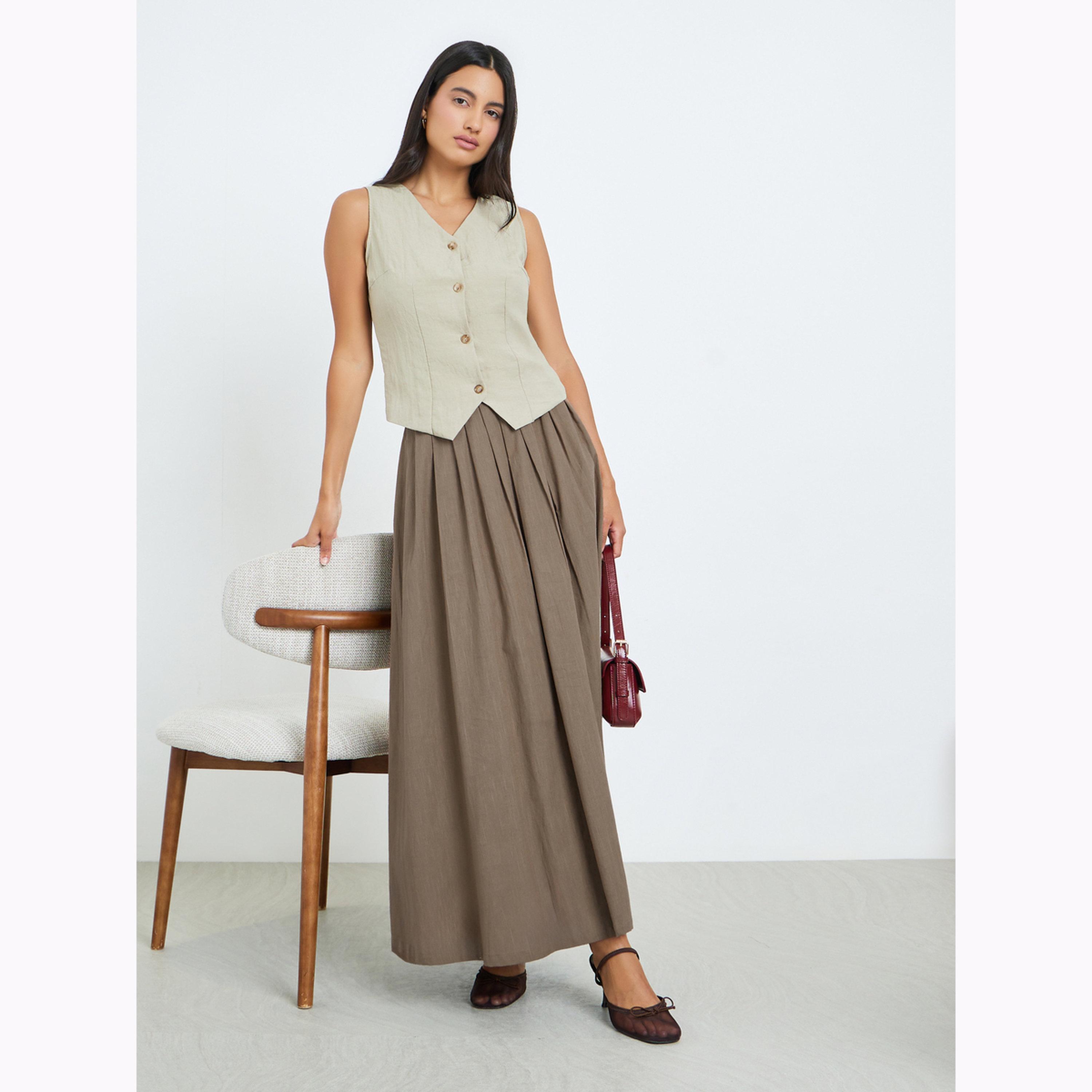 Styli Brown Fold Pleat Cotton Maxi Skirt-women-clothing-bottoms-skirts-image-2