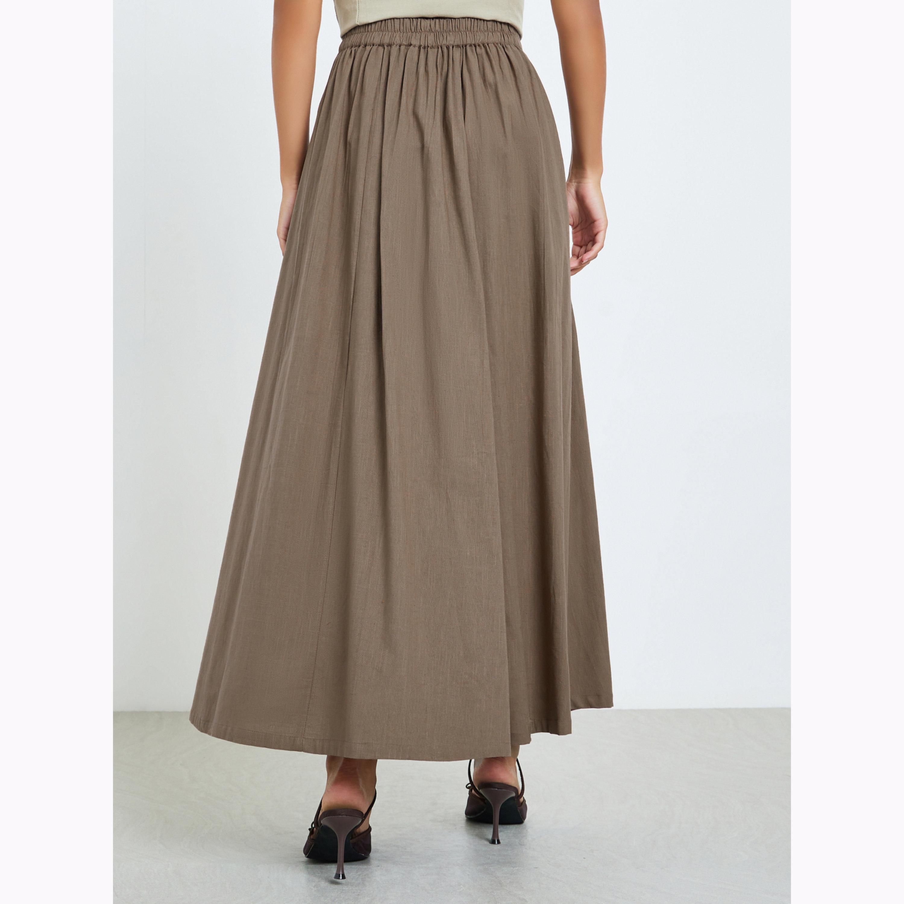 Styli Brown Fold Pleat Cotton Maxi Skirt-women-clothing-bottoms-skirts-image-4