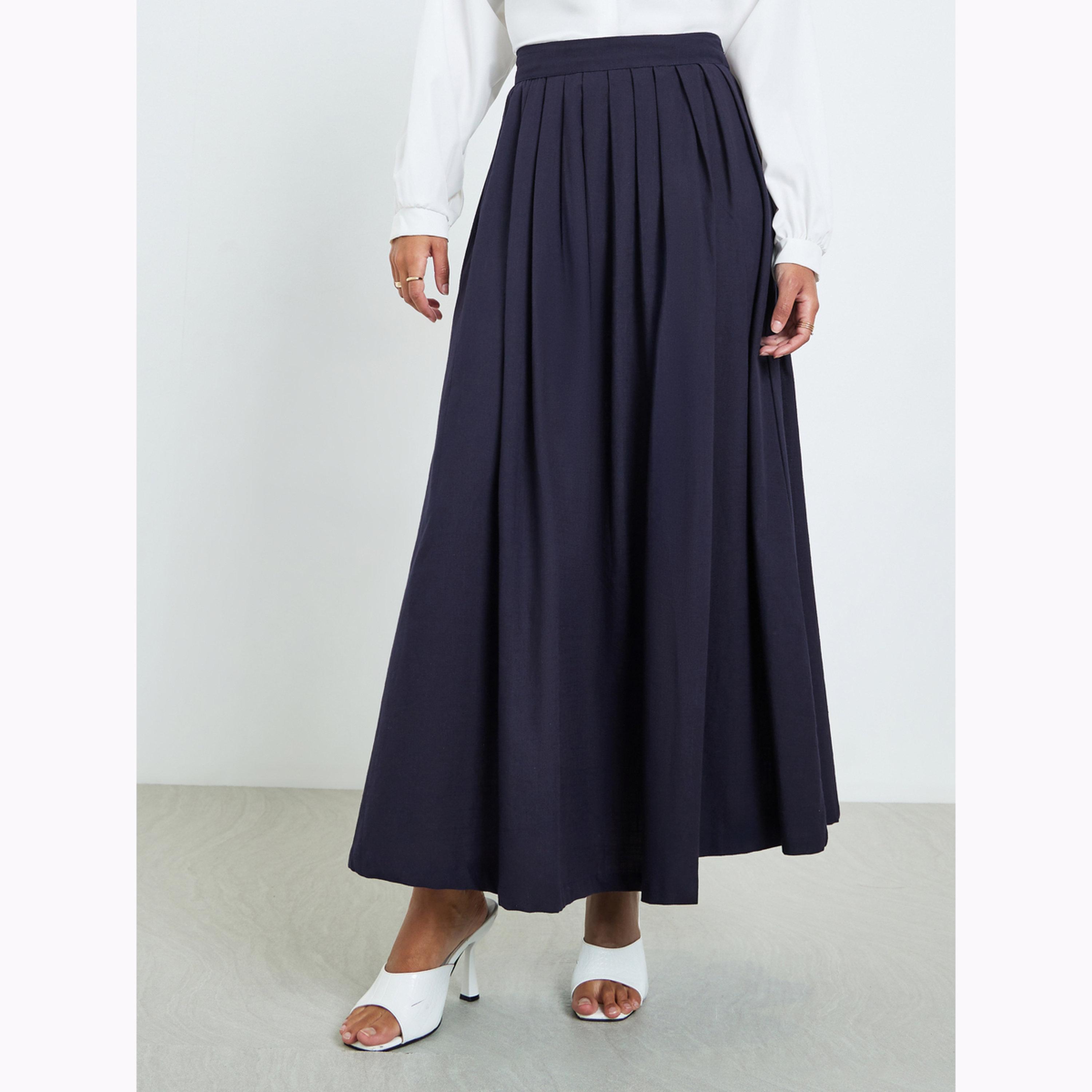 Styli Navy Blue Fold Pleat Cotton Maxi Skirt-women-clothing-bottoms-skirts-image-1