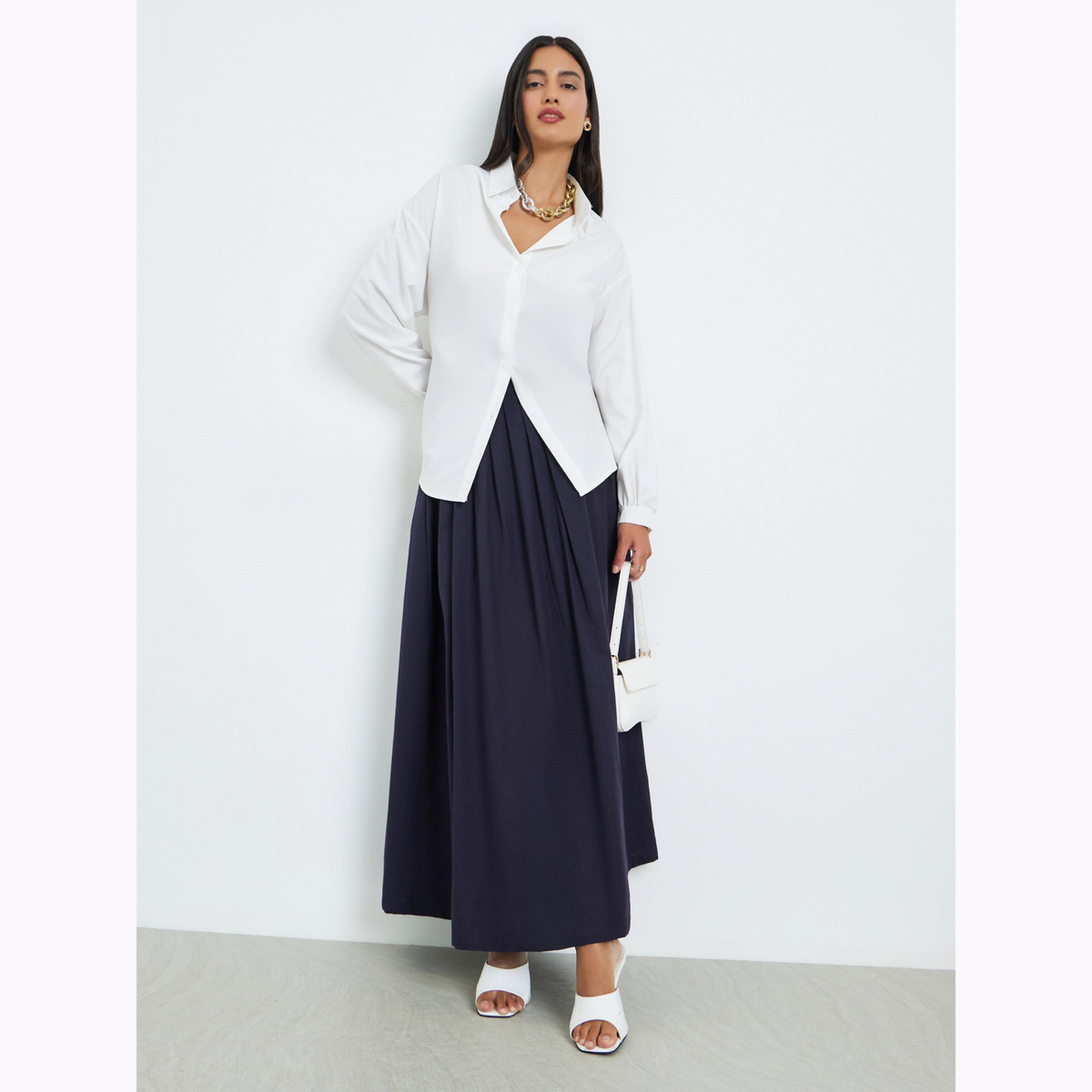 Styli Navy Blue Fold Pleat Cotton Maxi Skirt-women-clothing-bottoms-skirts-image-2