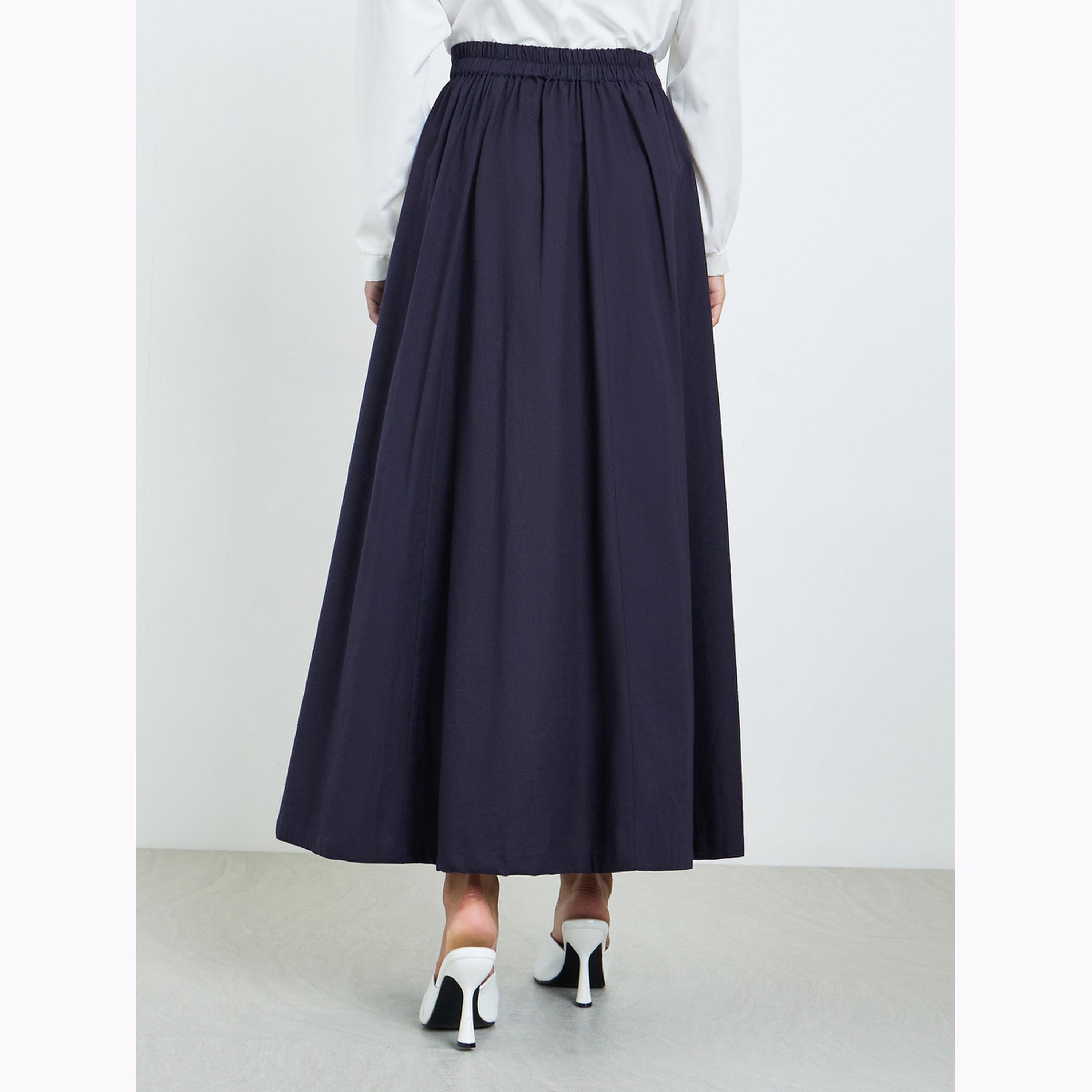 Styli Navy Blue Fold Pleat Cotton Maxi Skirt-women-clothing-bottoms-skirts-image-4