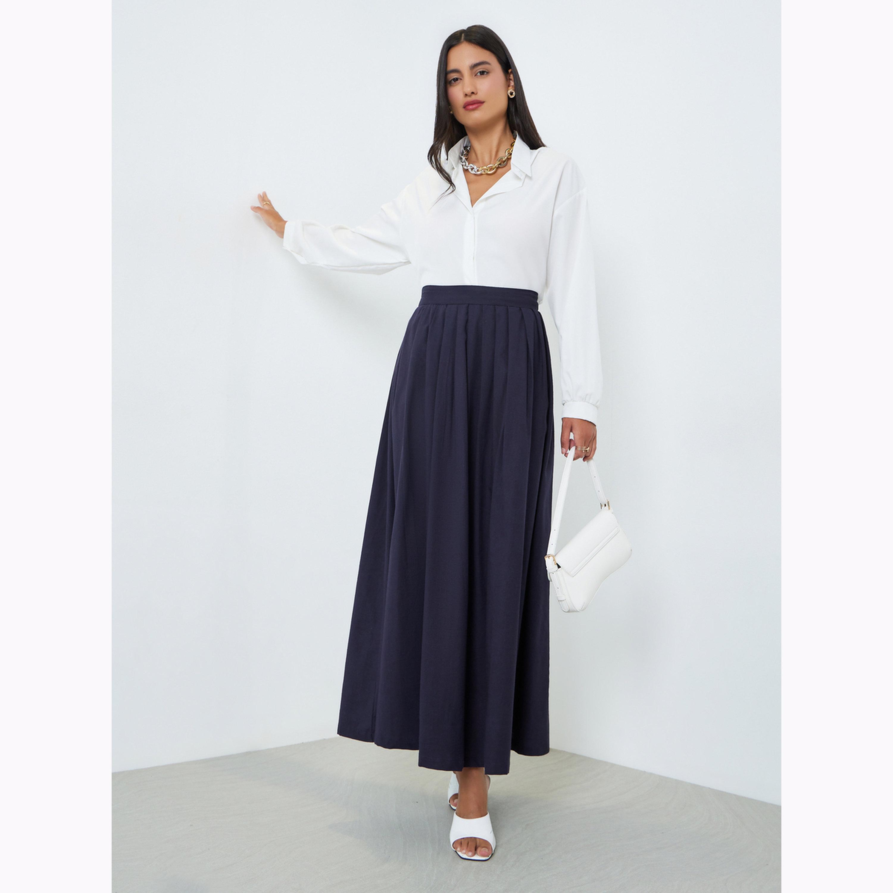 Styli Navy Blue Fold Pleat Cotton Maxi Skirt-women-clothing-bottoms-skirts-image-5