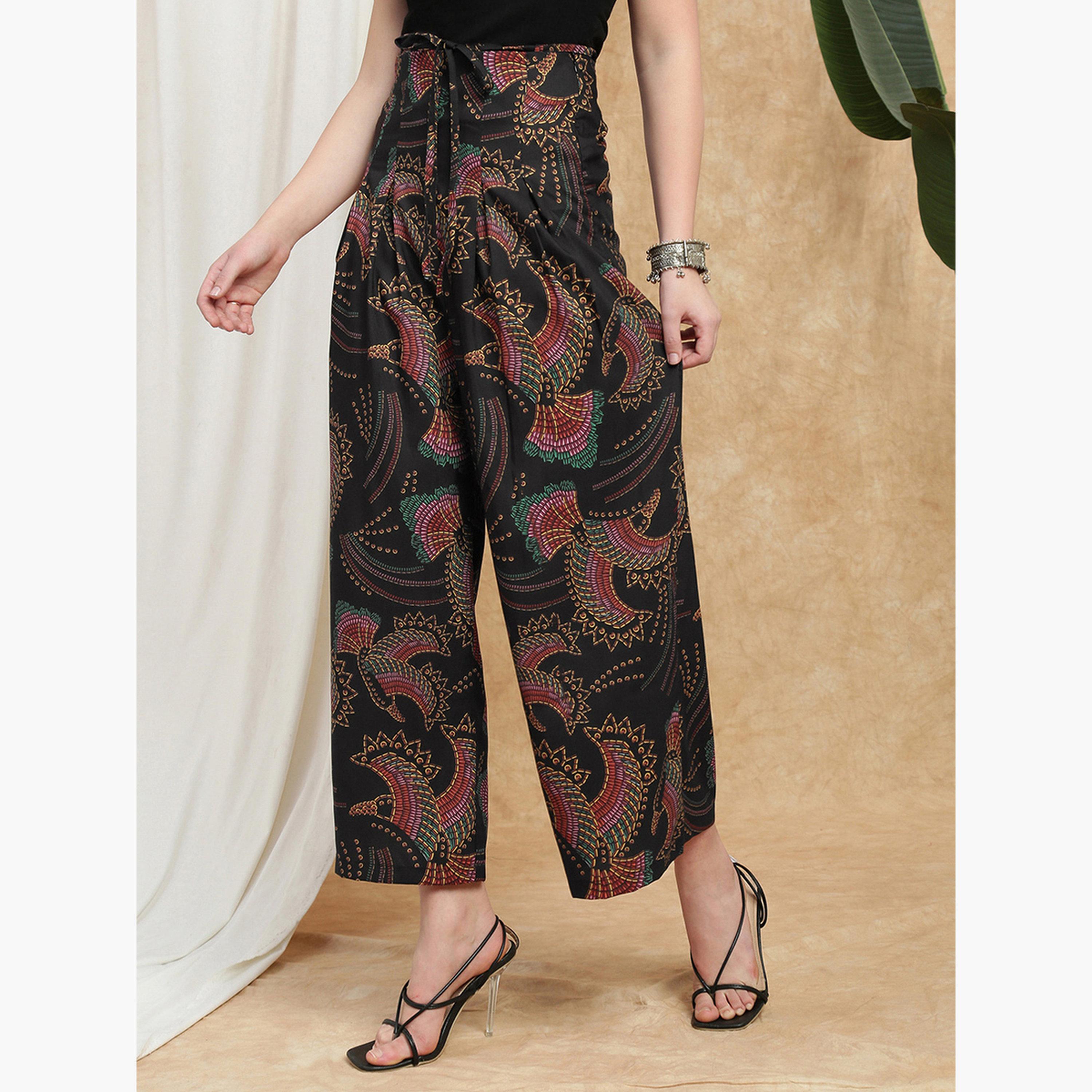 بنطلون بالازو بأرجل واسعة وطبعة استوائية-women-clothing-ethnicwear-bottoms-palazzos-image-3