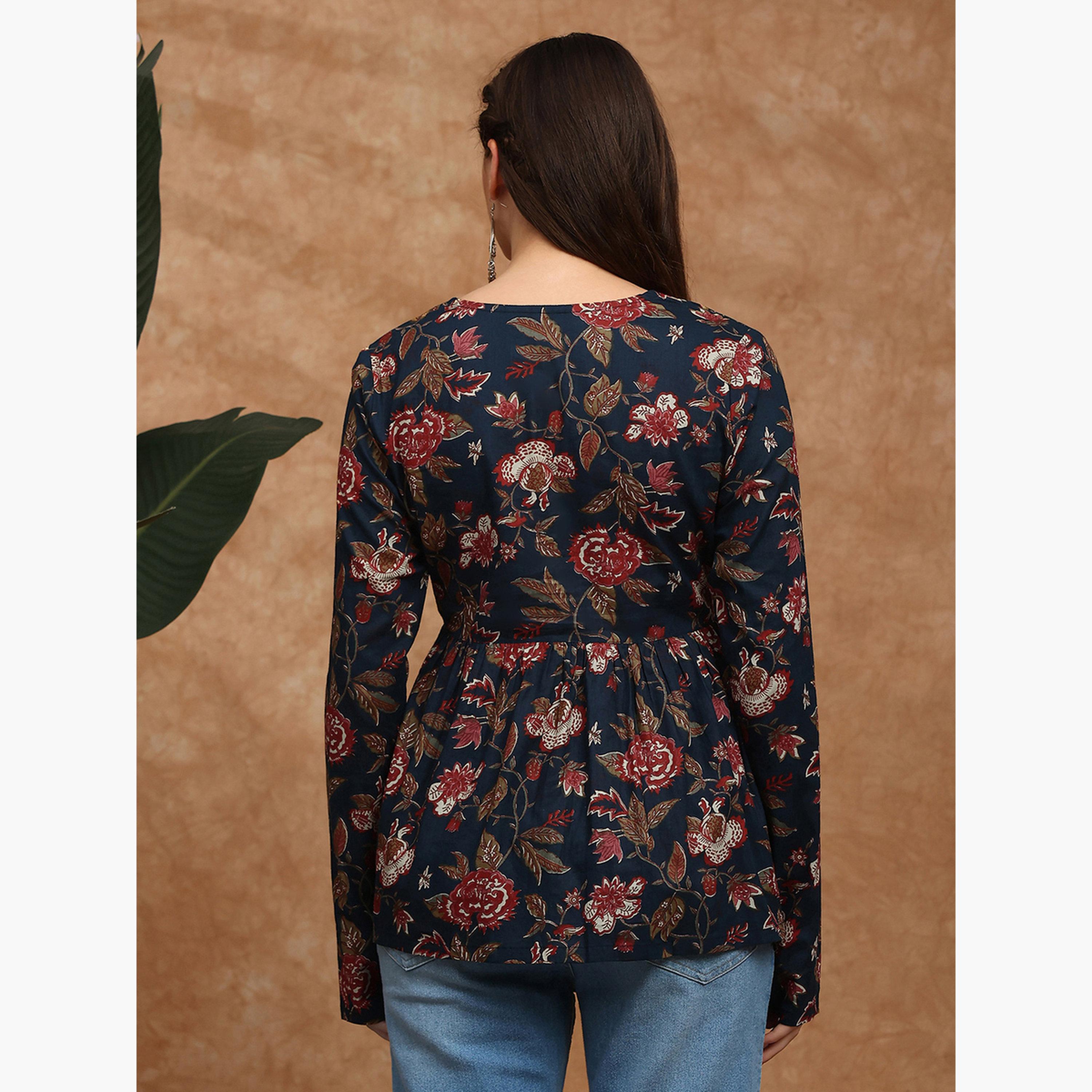 Globus X Styli Women Navy Blue Embroidered Floral Print Tunic-women-clothing-ethnicwear-kurtas-image-3