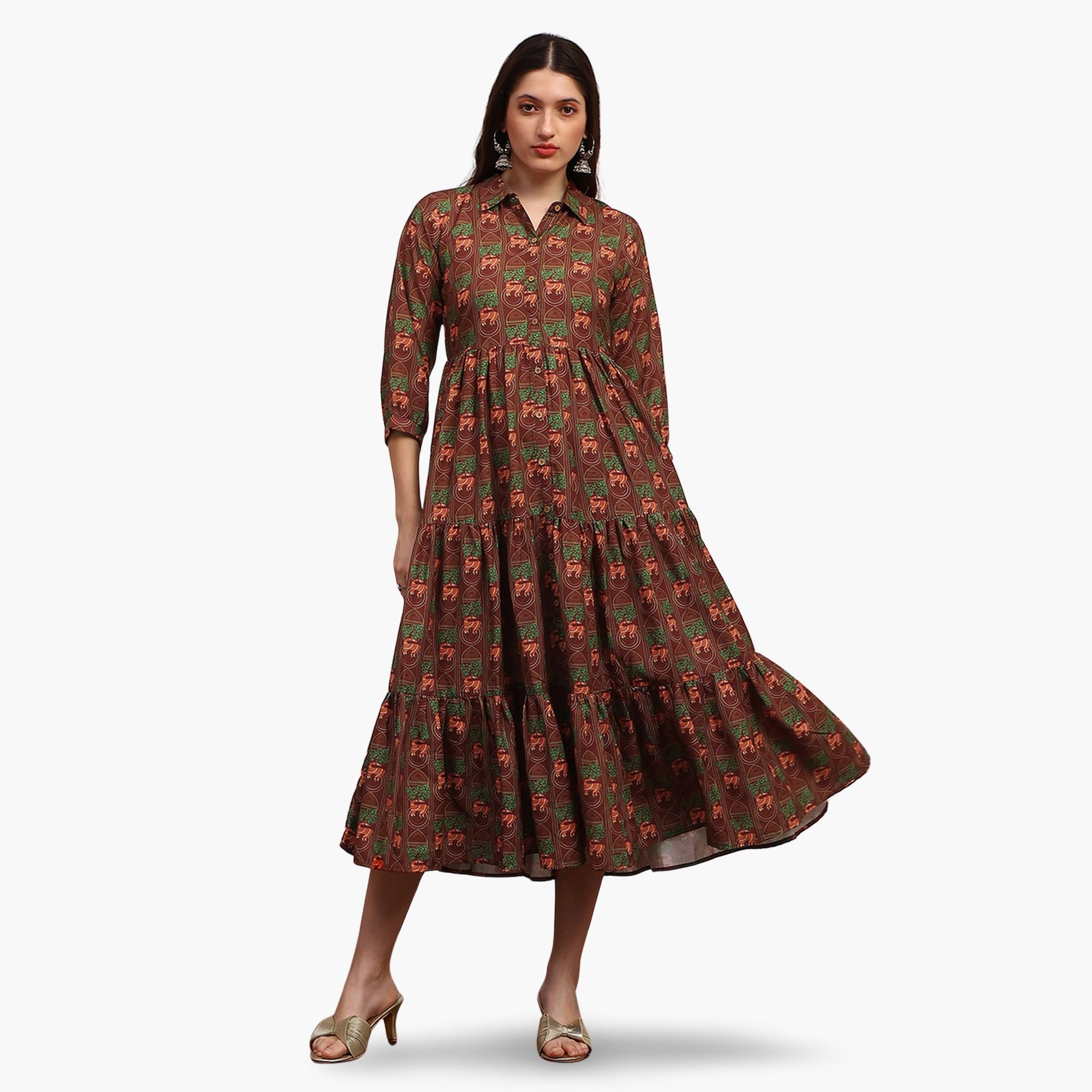 فستان ميدي بياقة وأكمام بيشوب-women-clothing-ethnicwear-dresses-image-1