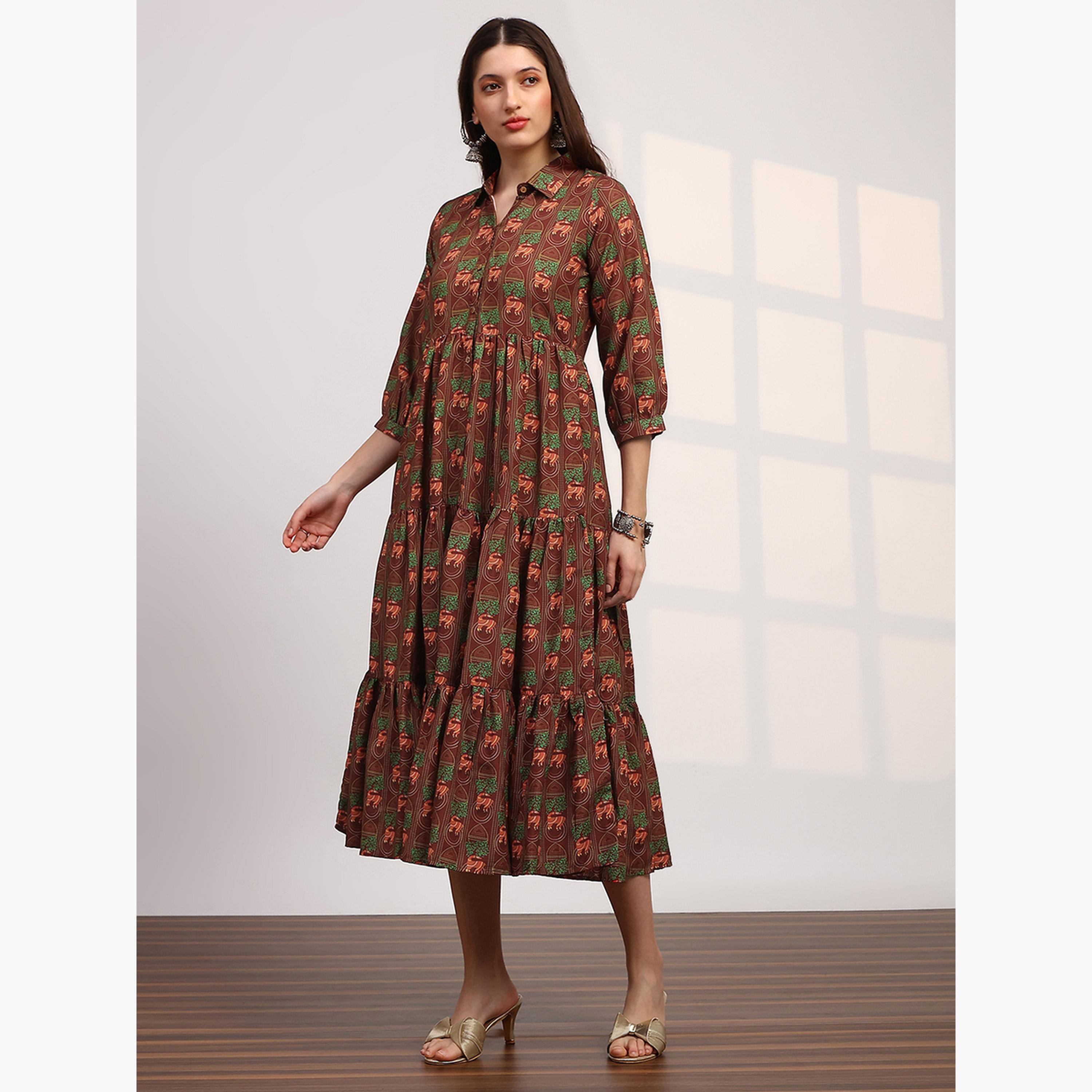 فستان ميدي بياقة وأكمام بيشوب-women-clothing-ethnicwear-dresses-image-2