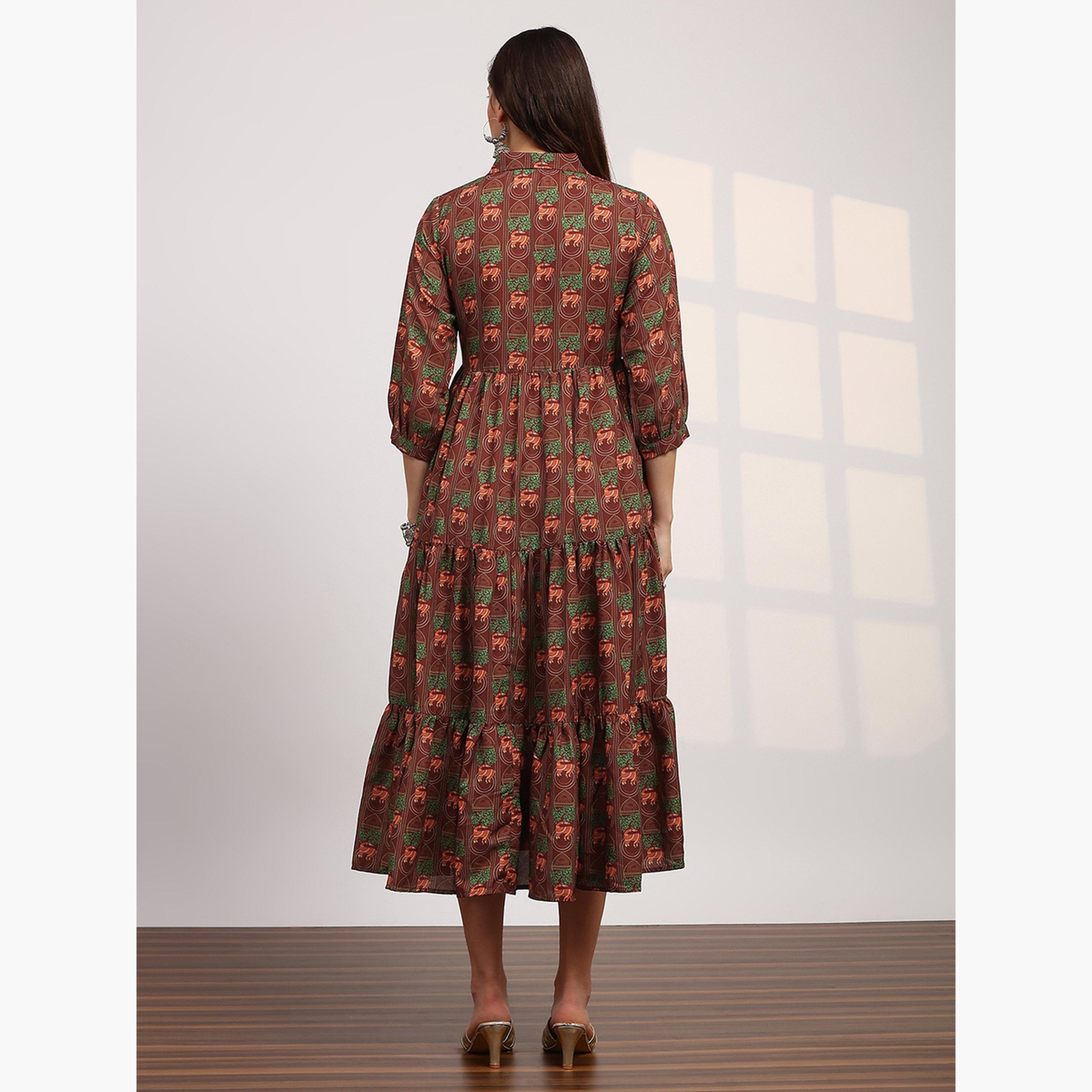 فستان ميدي بياقة وأكمام بيشوب-women-clothing-ethnicwear-dresses-image-3