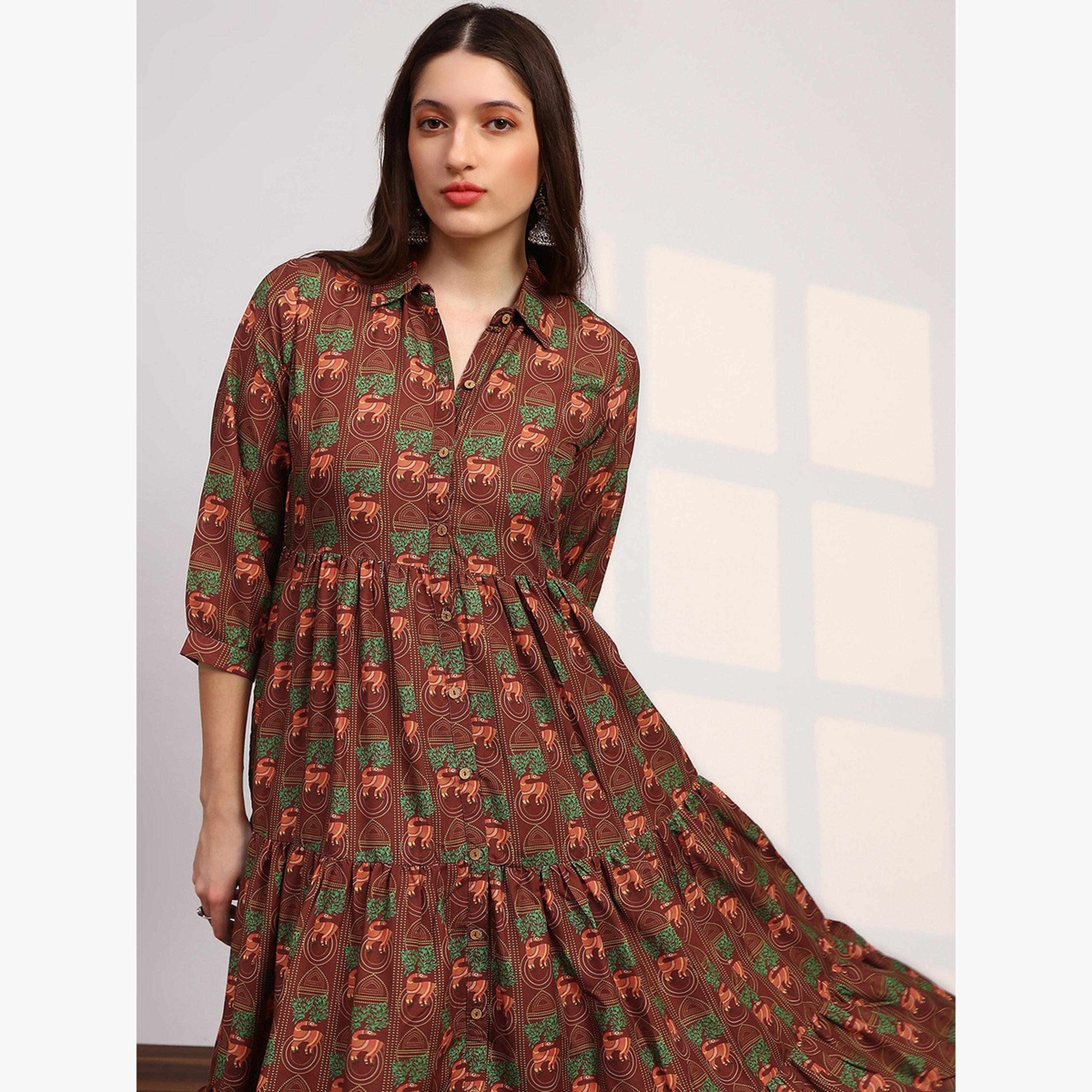 فستان ميدي بياقة وأكمام بيشوب-women-clothing-ethnicwear-dresses-image-4