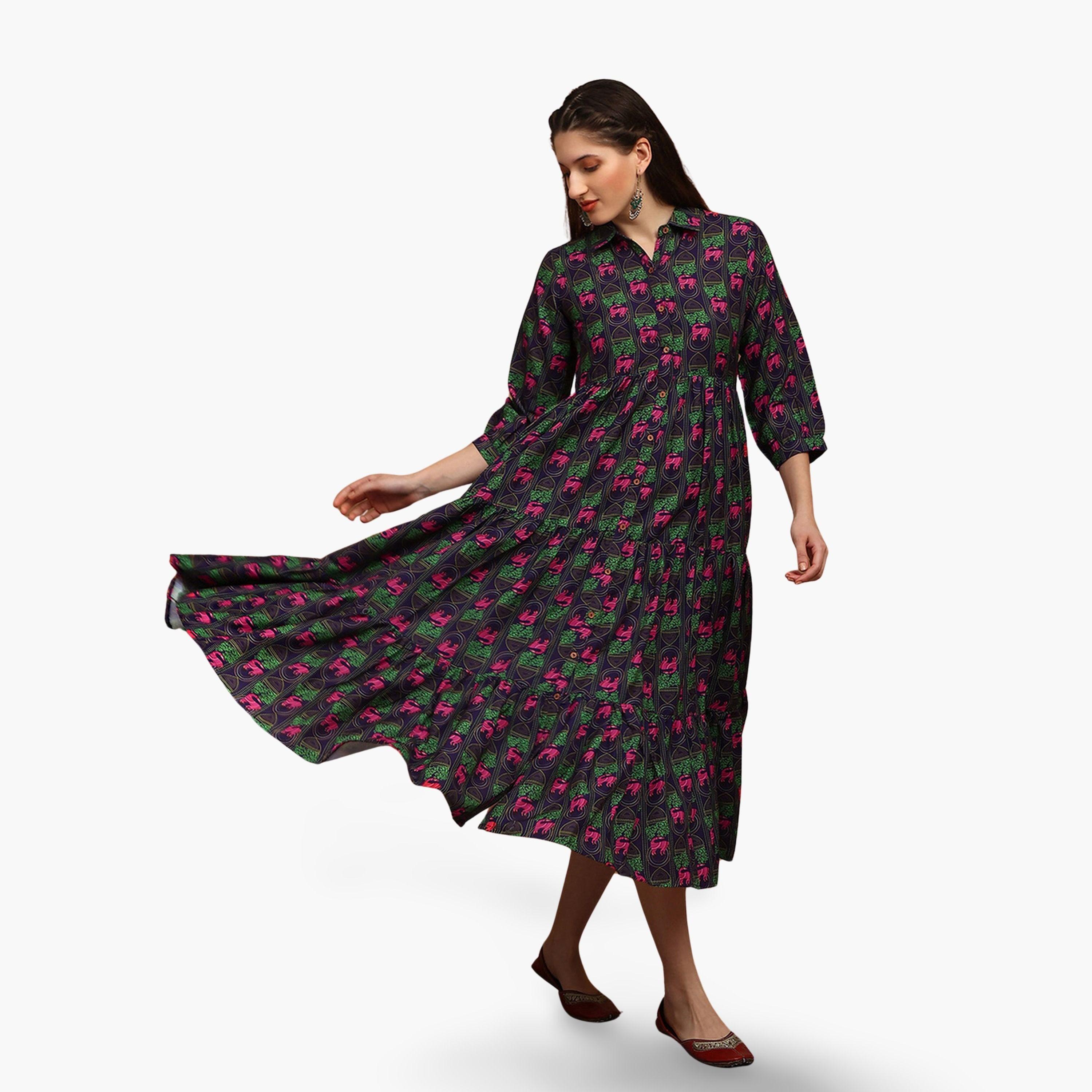 فستان ميدي بياقة وأكمام بيشوب-women-clothing-ethnicwear-dresses-image-1