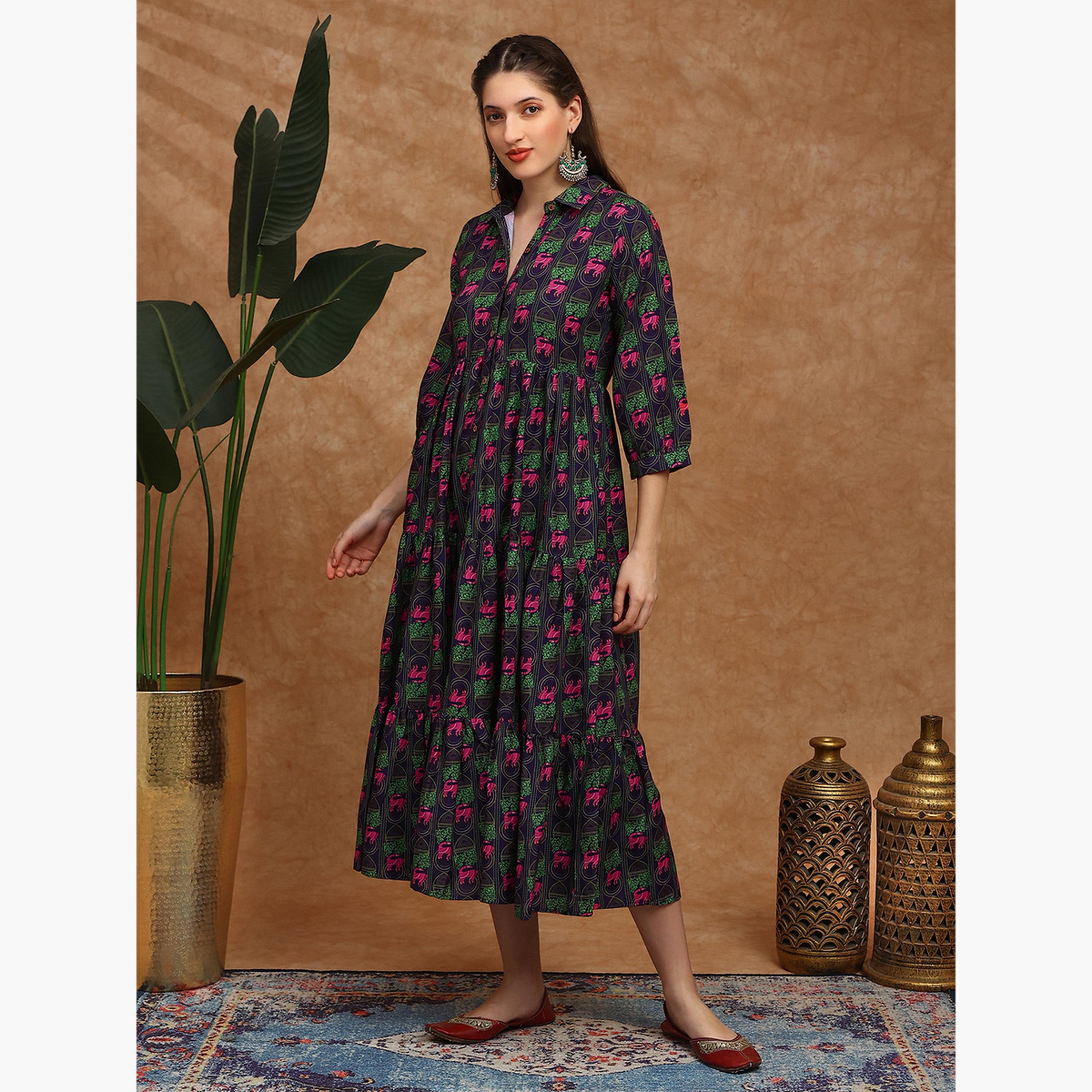 فستان ميدي بياقة وأكمام بيشوب-women-clothing-ethnicwear-dresses-image-2