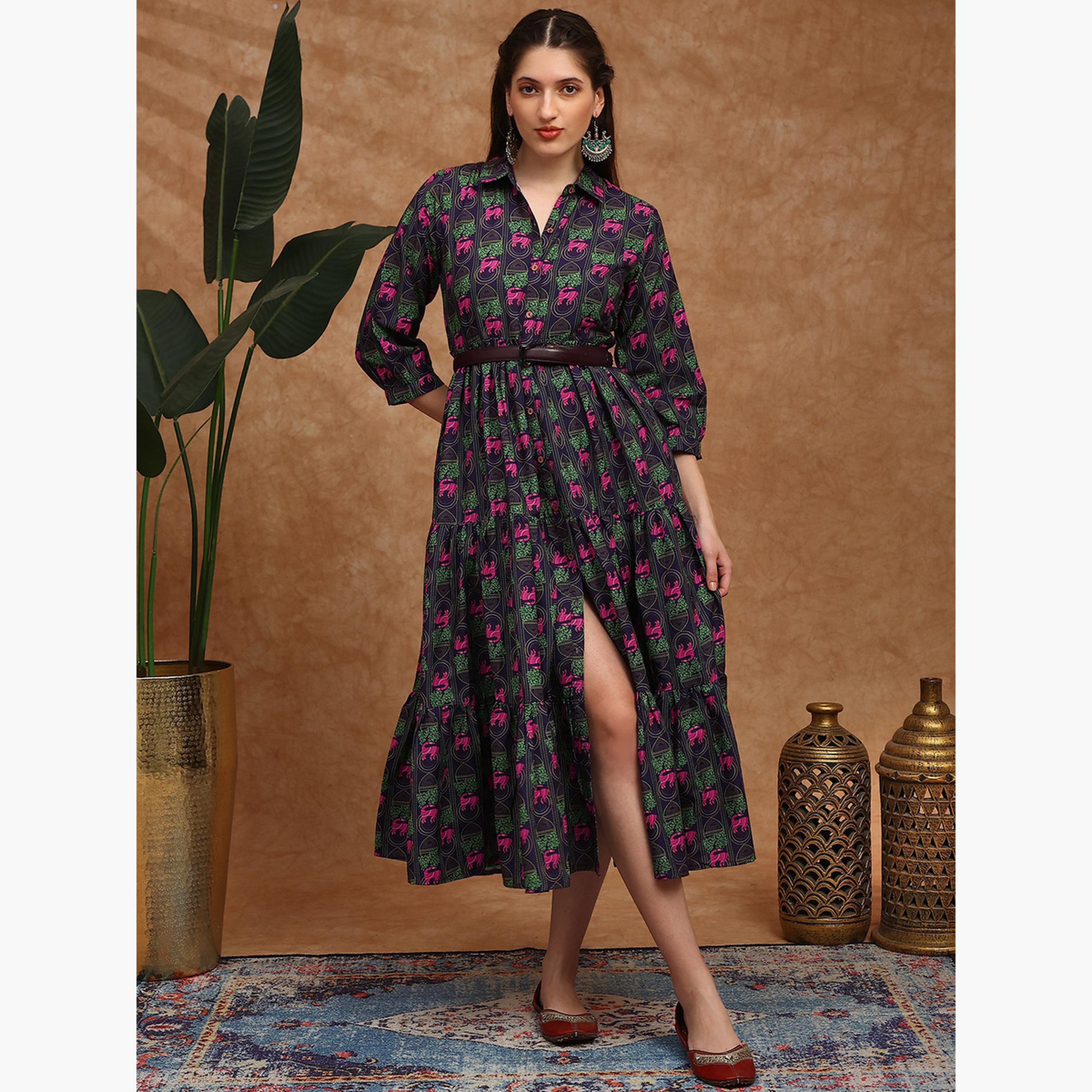 فستان ميدي بياقة وأكمام بيشوب-women-clothing-ethnicwear-dresses-image-4