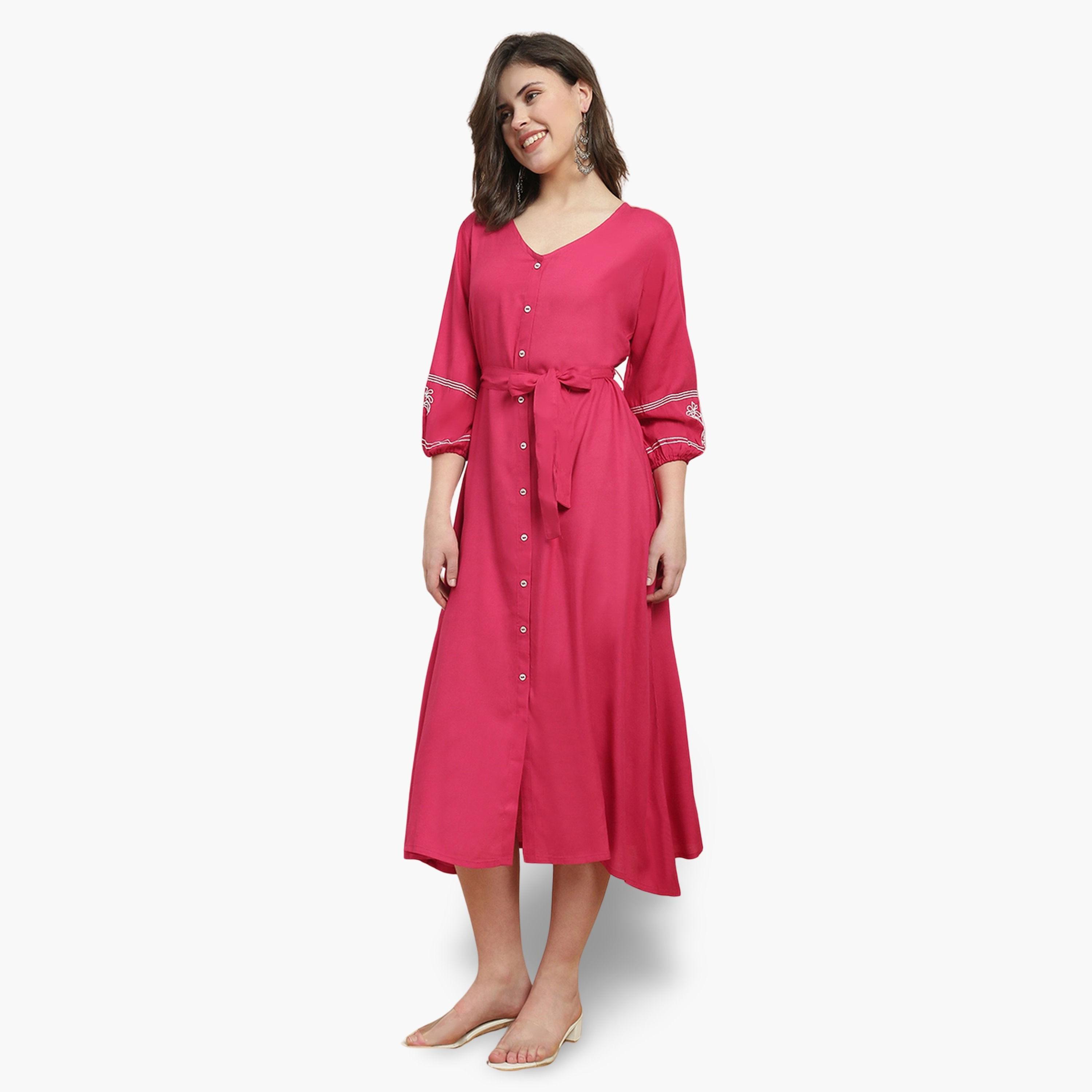 Globus X Styli Women Pink Bishop Sleeves Embroidered Midi Dress-women-clothing-ethnicwear-dresses-image-1
