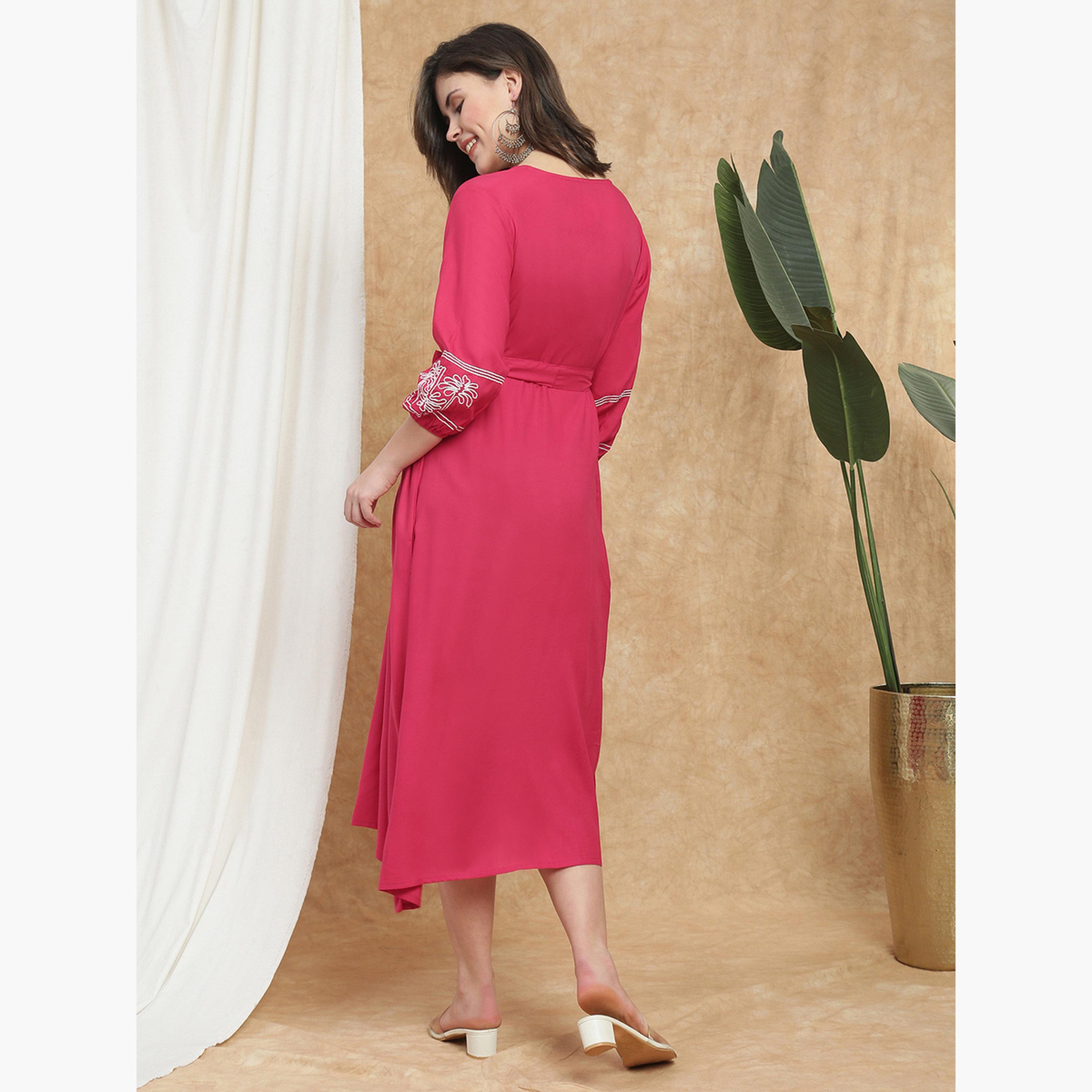 Globus X Styli Women Pink Bishop Sleeves Embroidered Midi Dress-women-clothing-ethnicwear-dresses-image-3