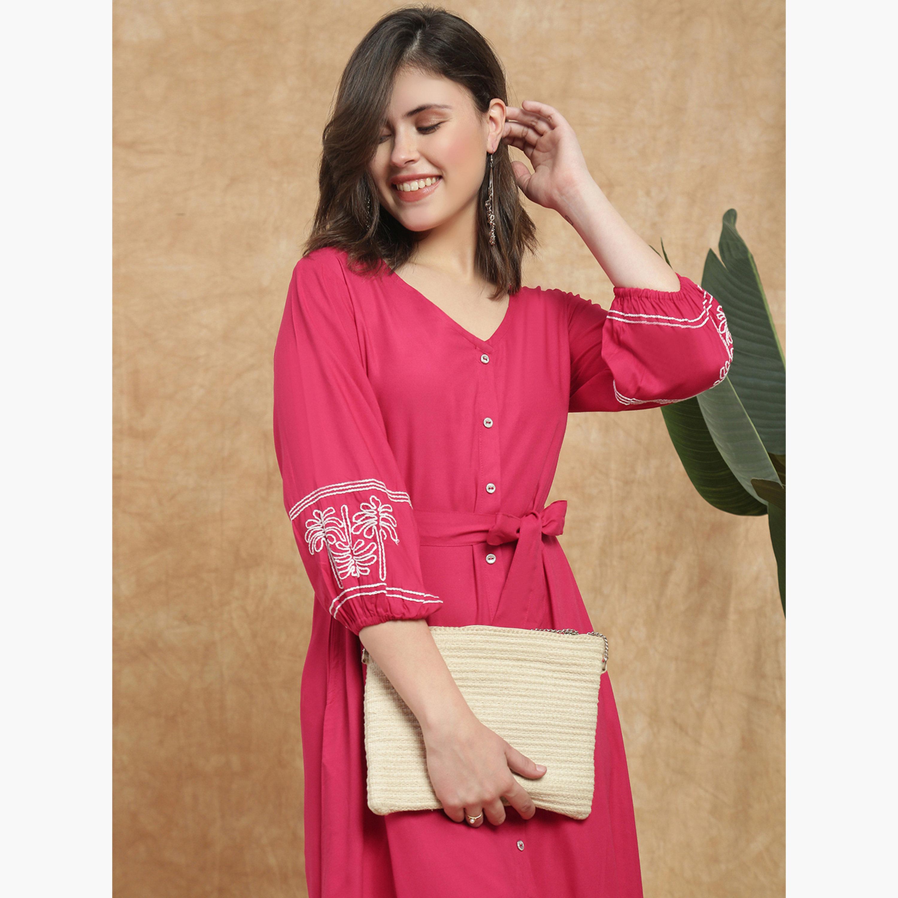 Globus X Styli Women Pink Bishop Sleeves Embroidered Midi Dress-women-clothing-ethnicwear-dresses-image-4