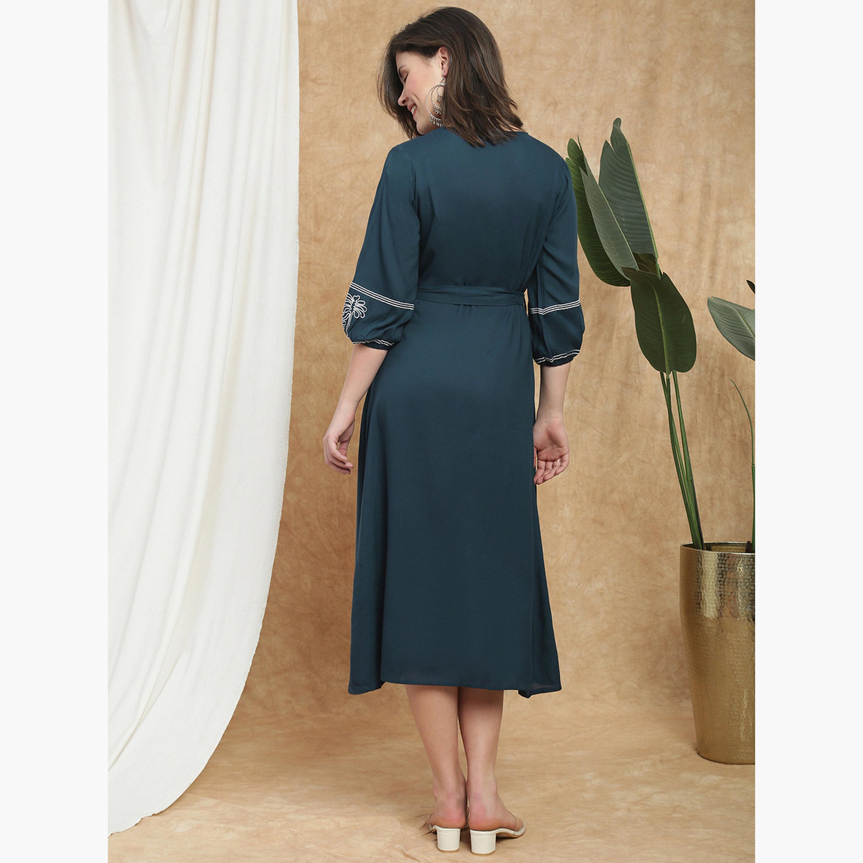 Globus X Styli Women Navy Blue Bishop Sleeves Embroidered Midi Dress-women-clothing-ethnicwear-dresses-image-3
