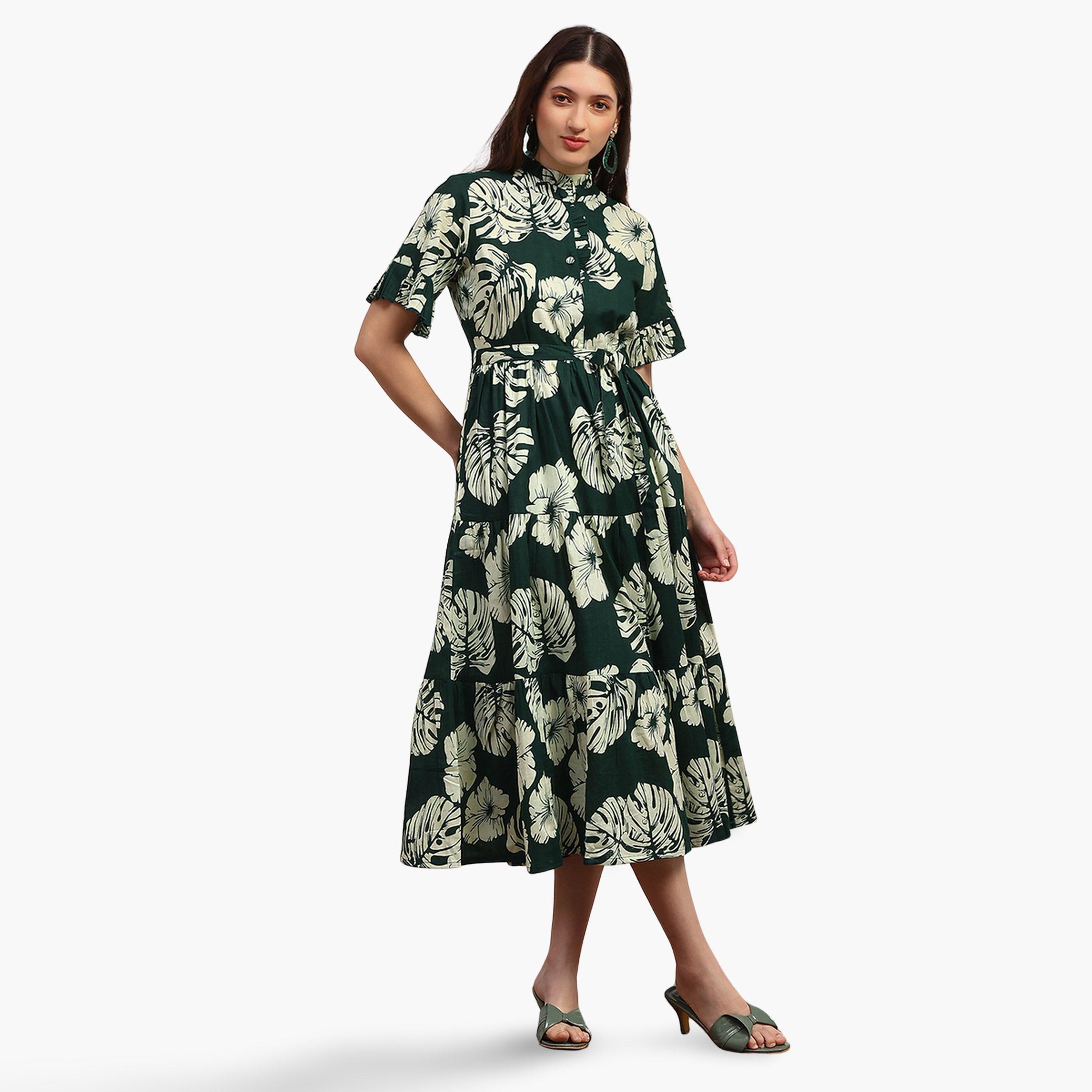 فستان ميدي بياقة ماندارين وطبعة زهور-women-clothing-ethnicwear-dresses-image-1