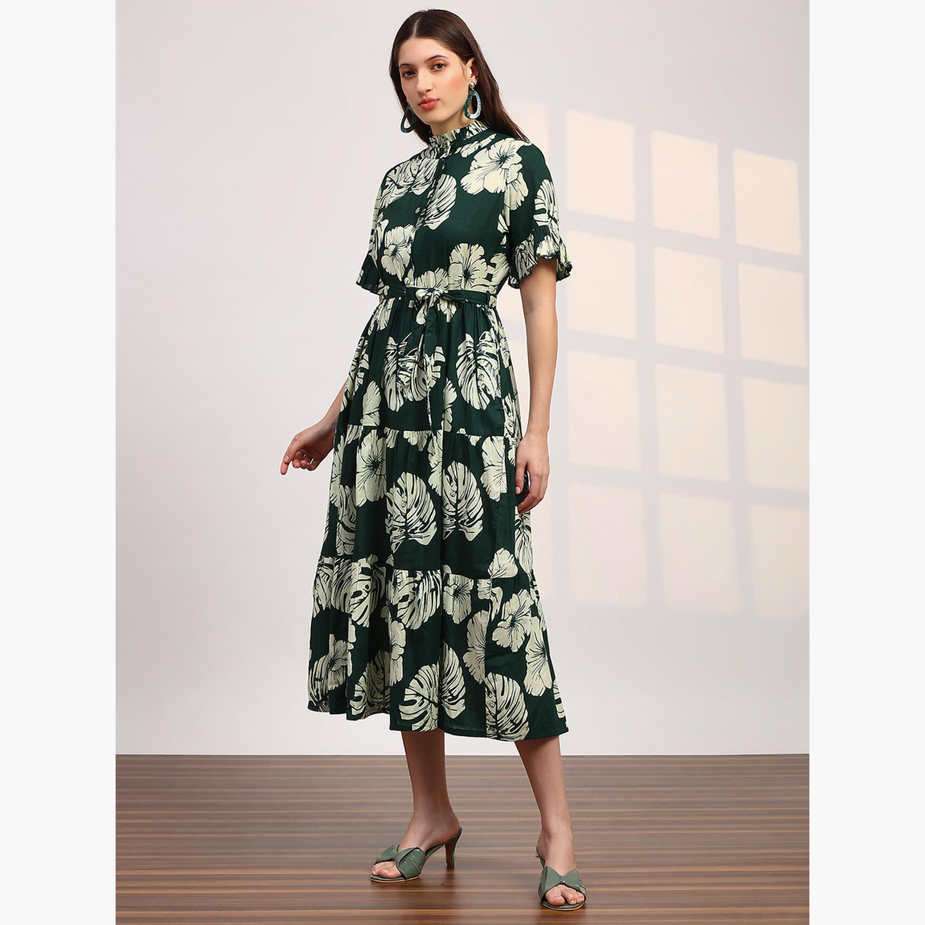 فستان ميدي بياقة ماندارين وطبعة زهور-women-clothing-ethnicwear-dresses-image-2