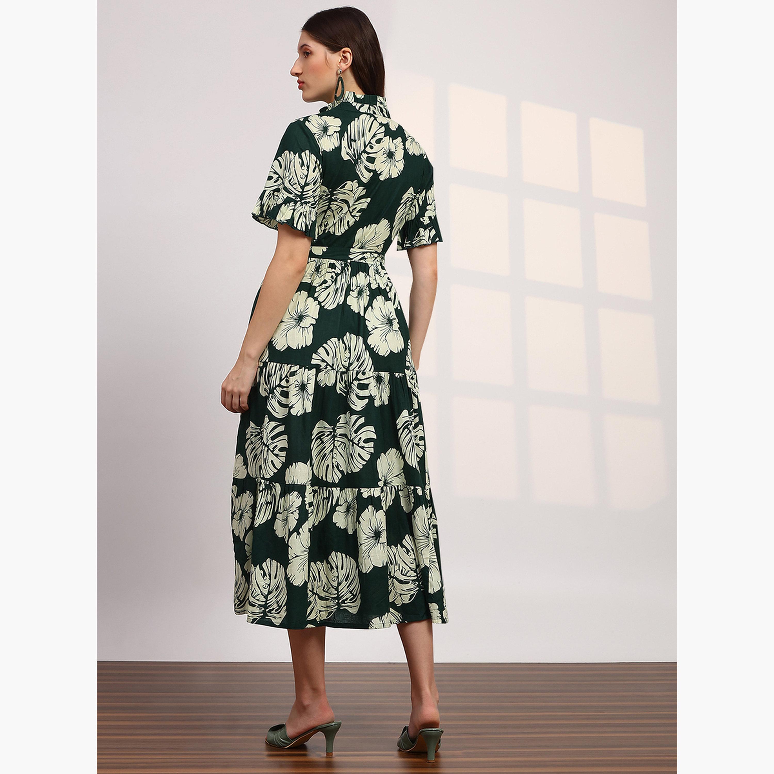 فستان ميدي بياقة ماندارين وطبعة زهور-women-clothing-ethnicwear-dresses-image-3