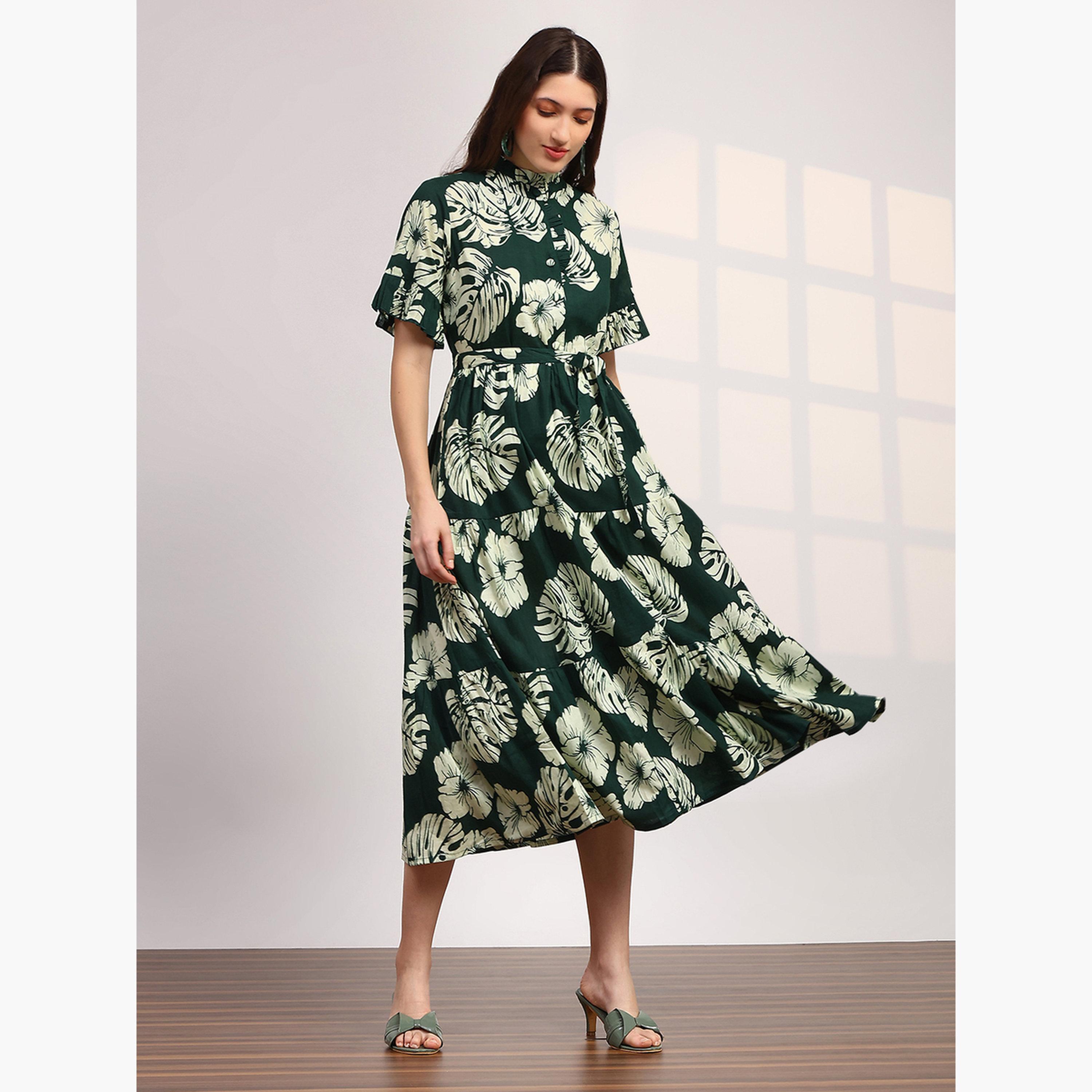 فستان ميدي بياقة ماندارين وطبعة زهور-women-clothing-ethnicwear-dresses-image-4