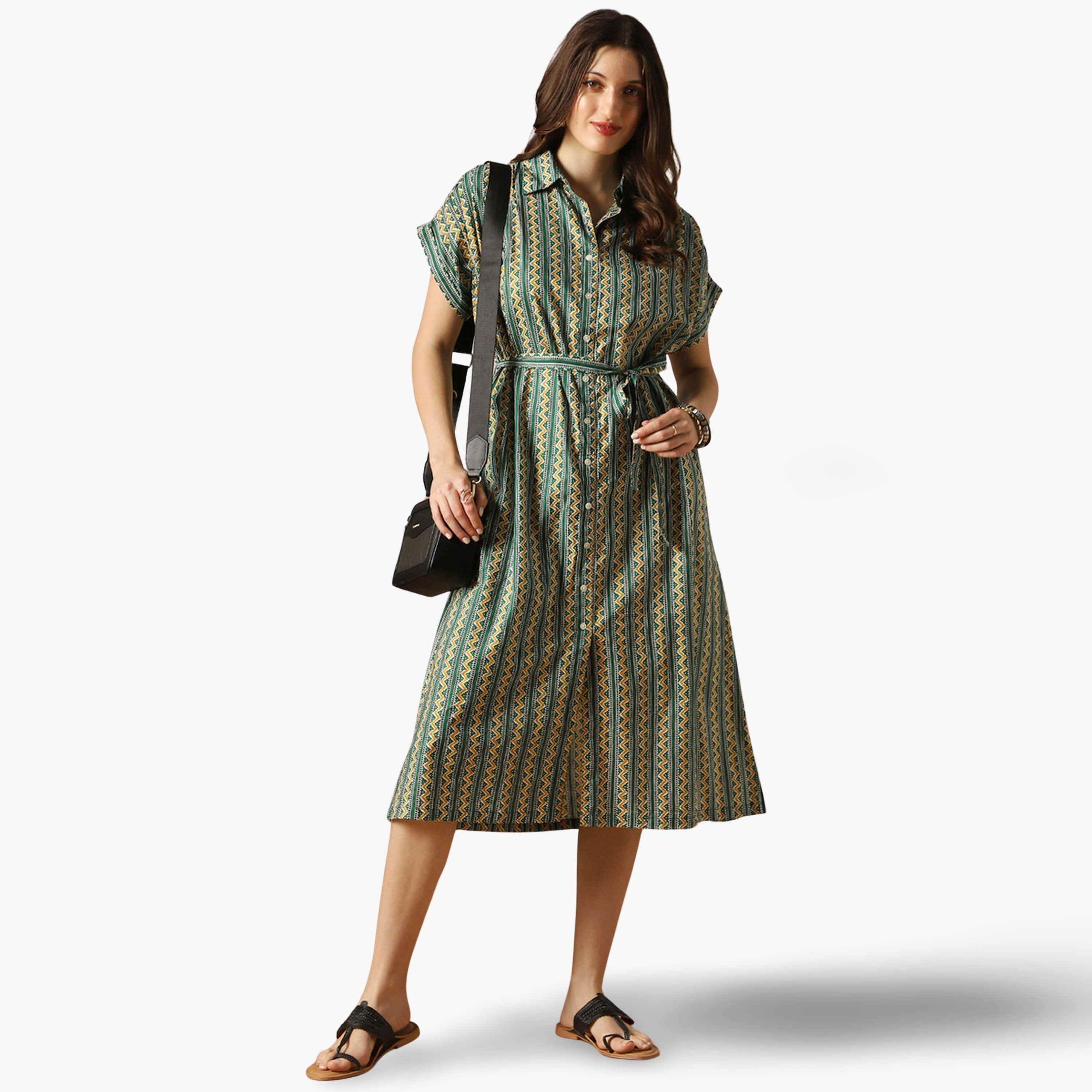 Globus X Styli Women Green Ethnic Print Collared Neck Midi Dress-women-clothing-ethnicwear-dresses-image-1