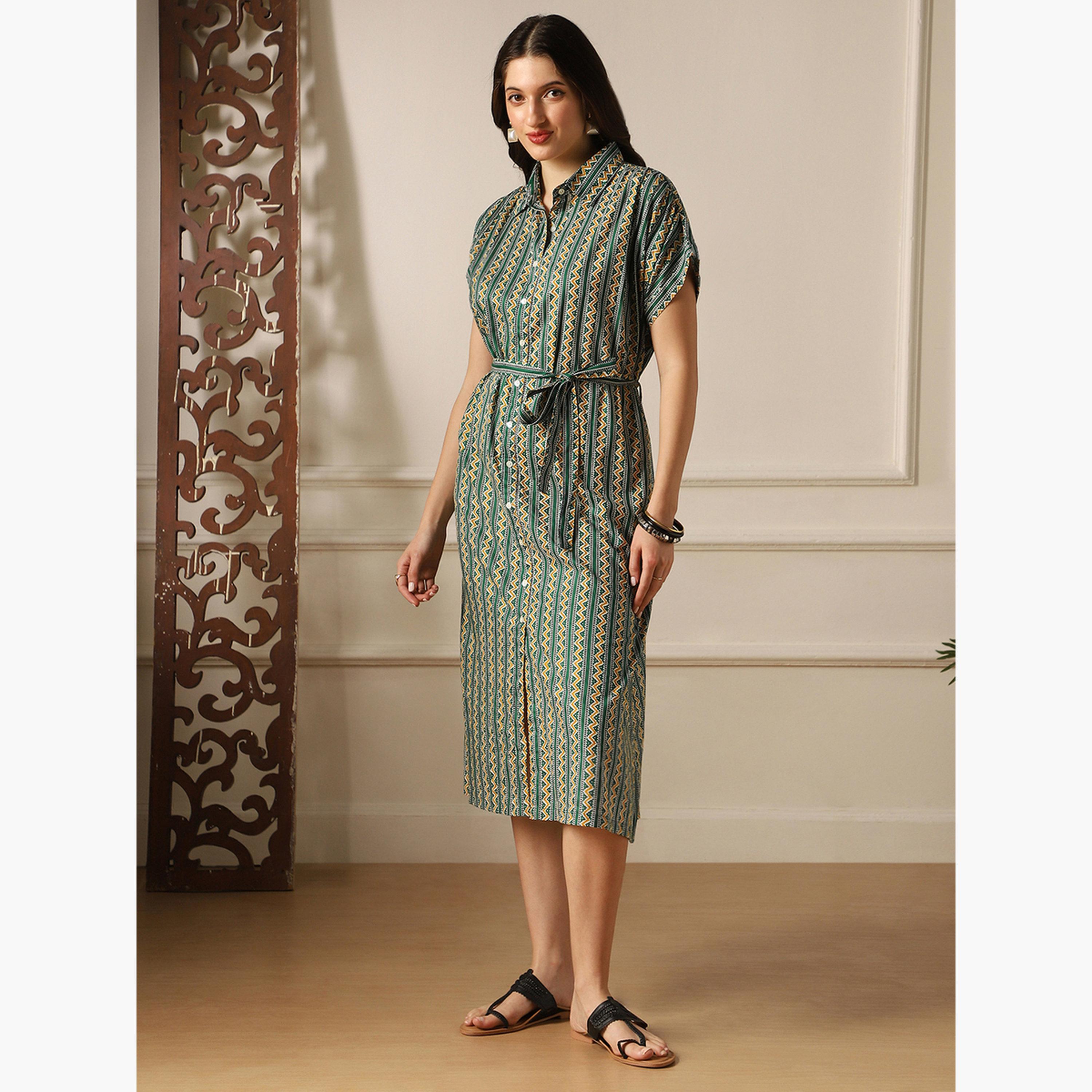 فستان ميدي بياقة وطبعة تراثية-women-clothing-ethnicwear-dresses-image-2