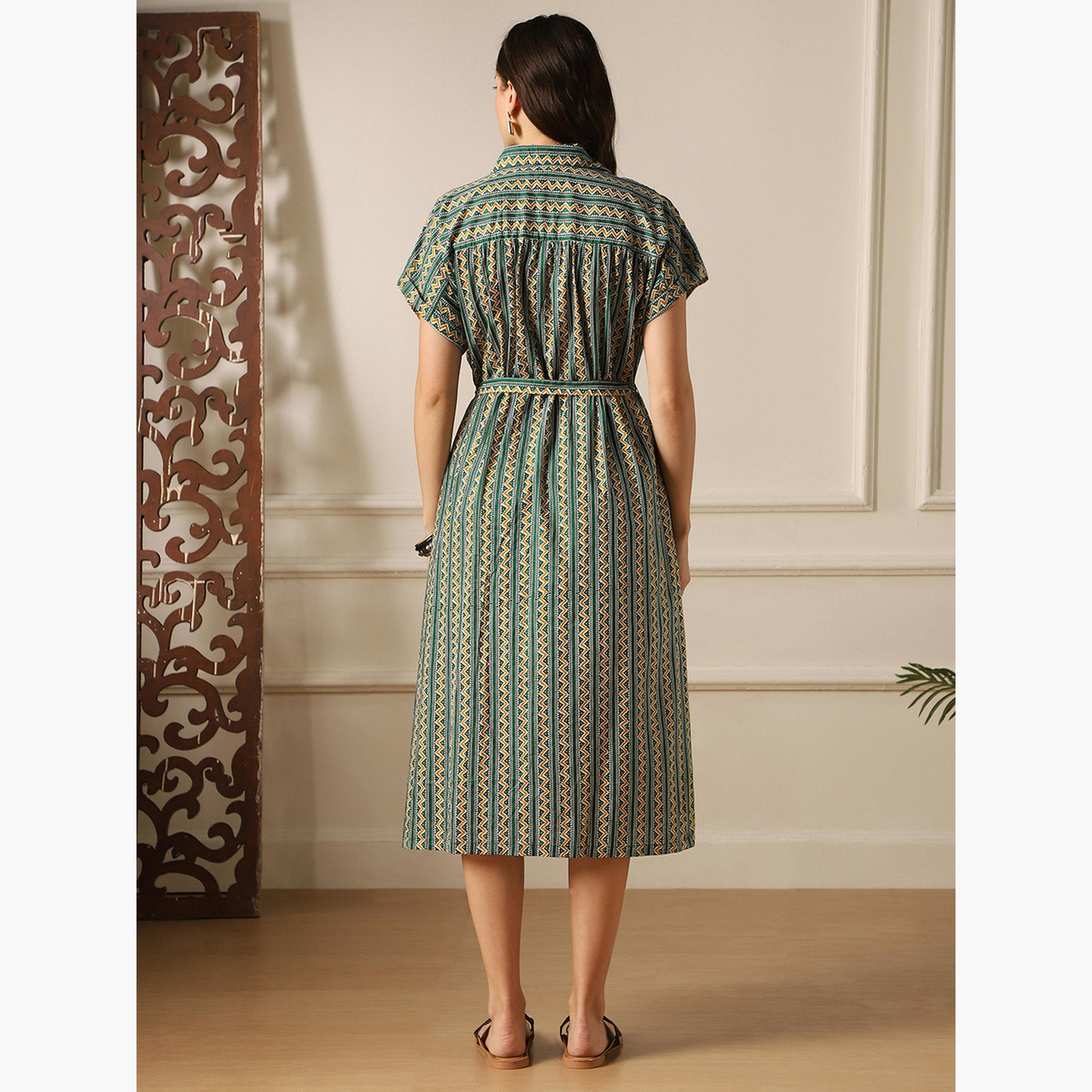 Globus X Styli Women Green Ethnic Print Collared Neck Midi Dress-women-clothing-ethnicwear-dresses-image-3
