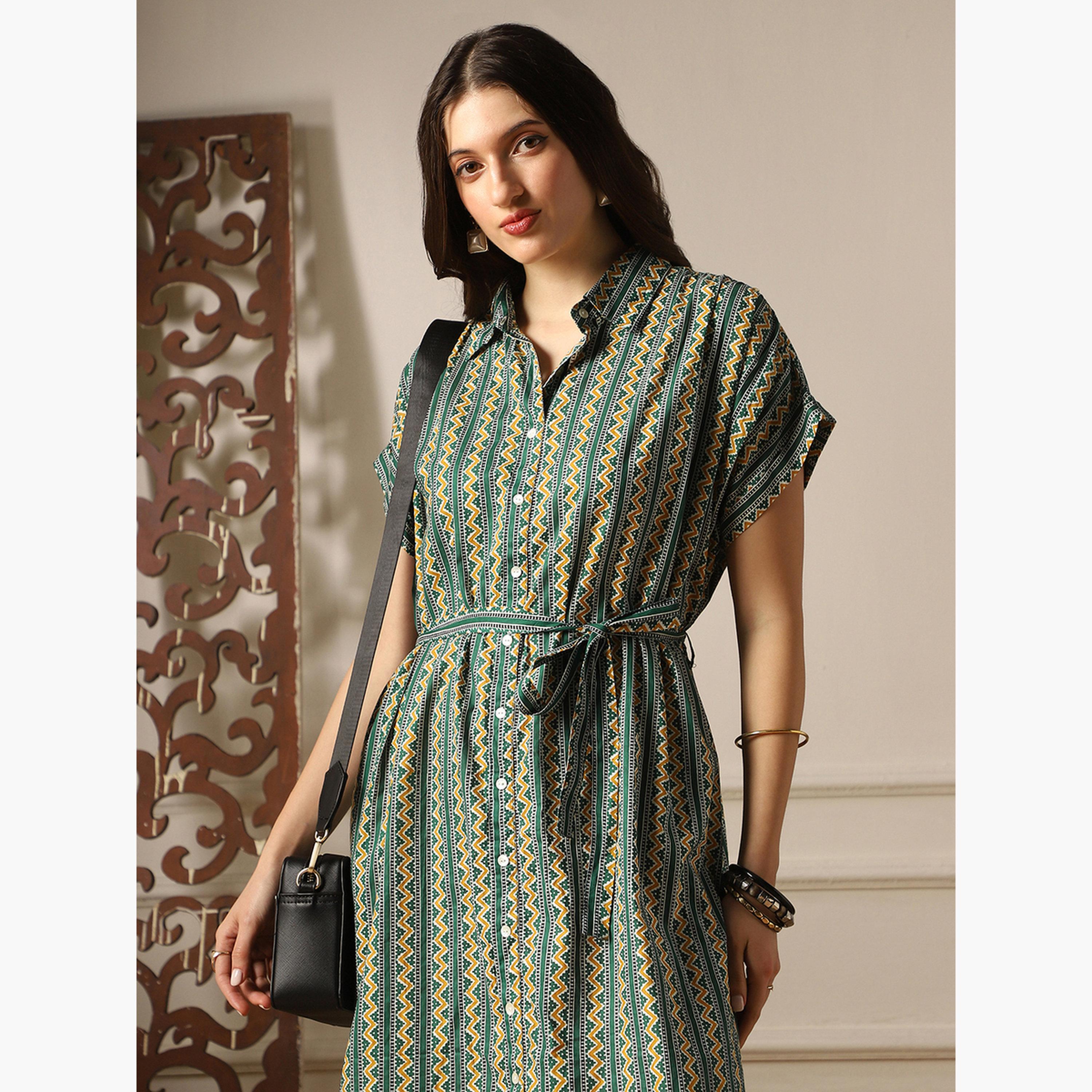 Globus X Styli Women Green Ethnic Print Collared Neck Midi Dress-women-clothing-ethnicwear-dresses-image-4