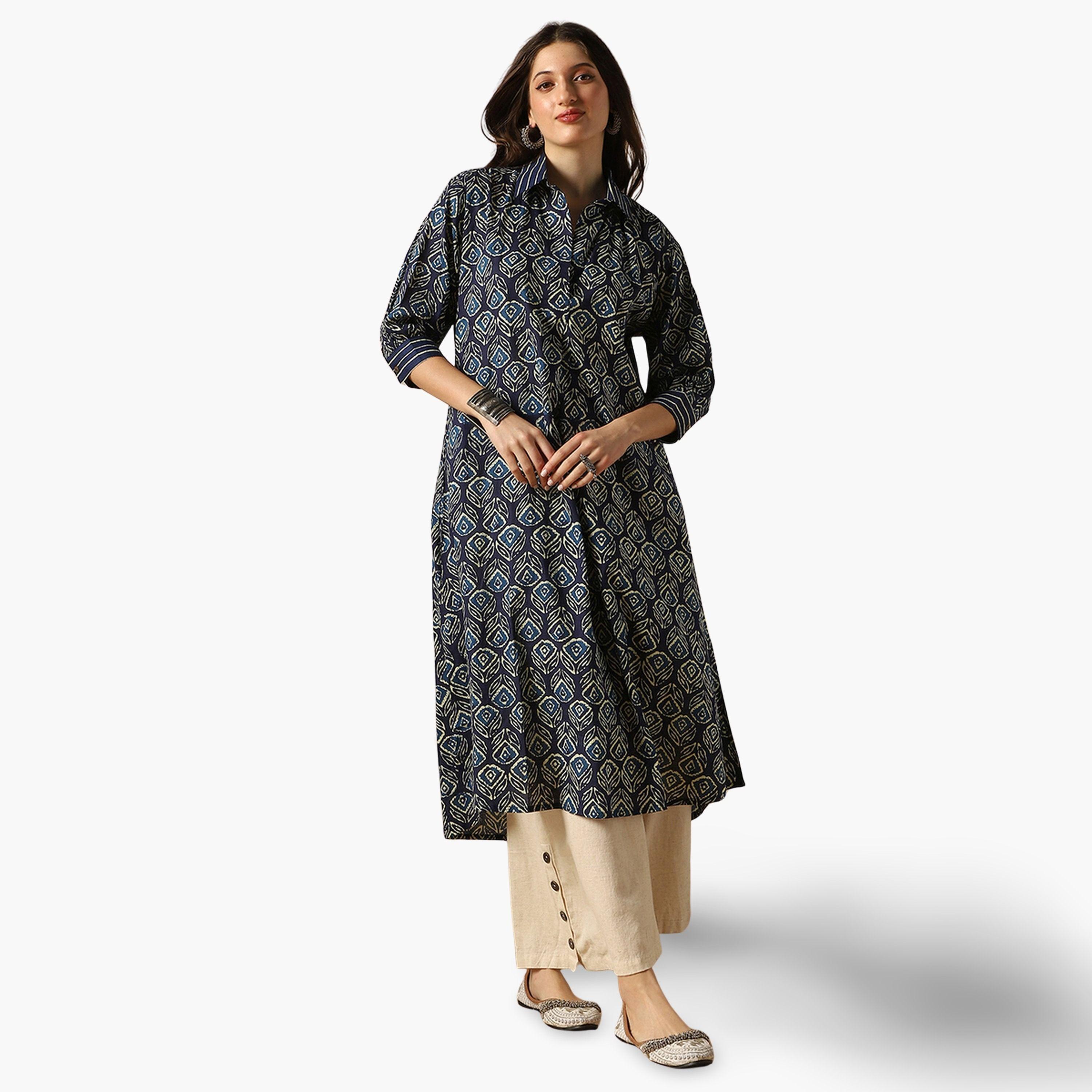 Globus X Styli Women Indigo Collared Ethnic Floral Print Kurta-women-clothing-ethnicwear-kurtas-image-1
