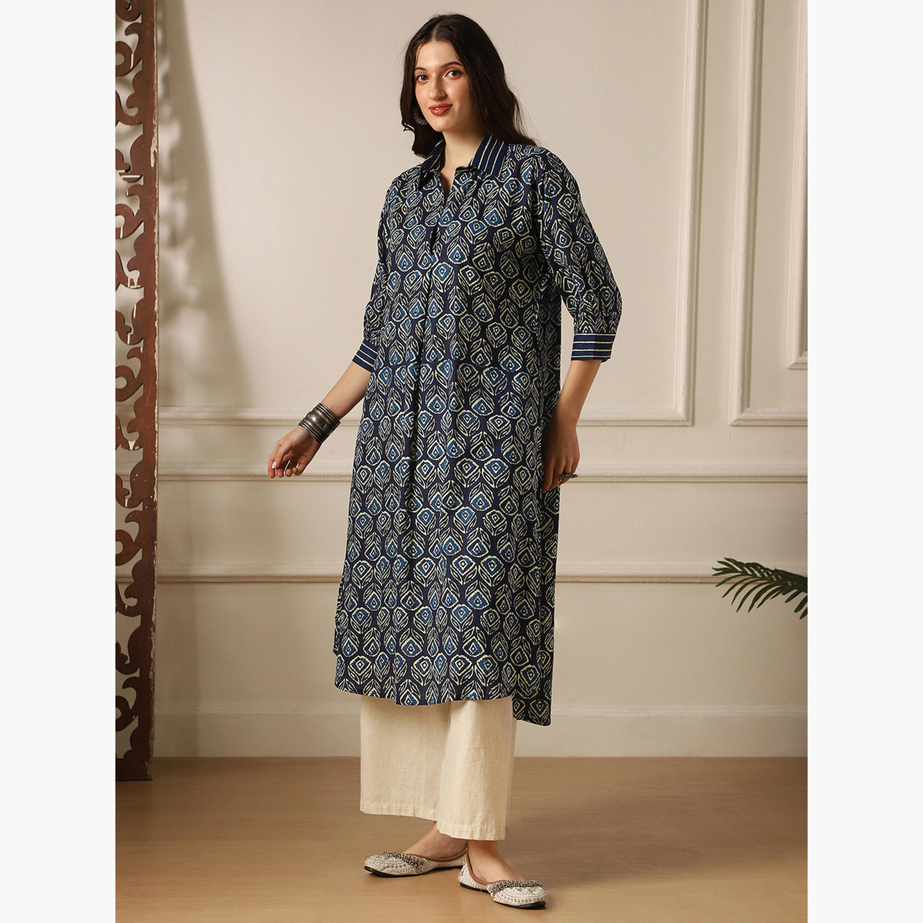 Globus X Styli Women Indigo Collared Ethnic Floral Print Kurta-women-clothing-ethnicwear-kurtas-image-2