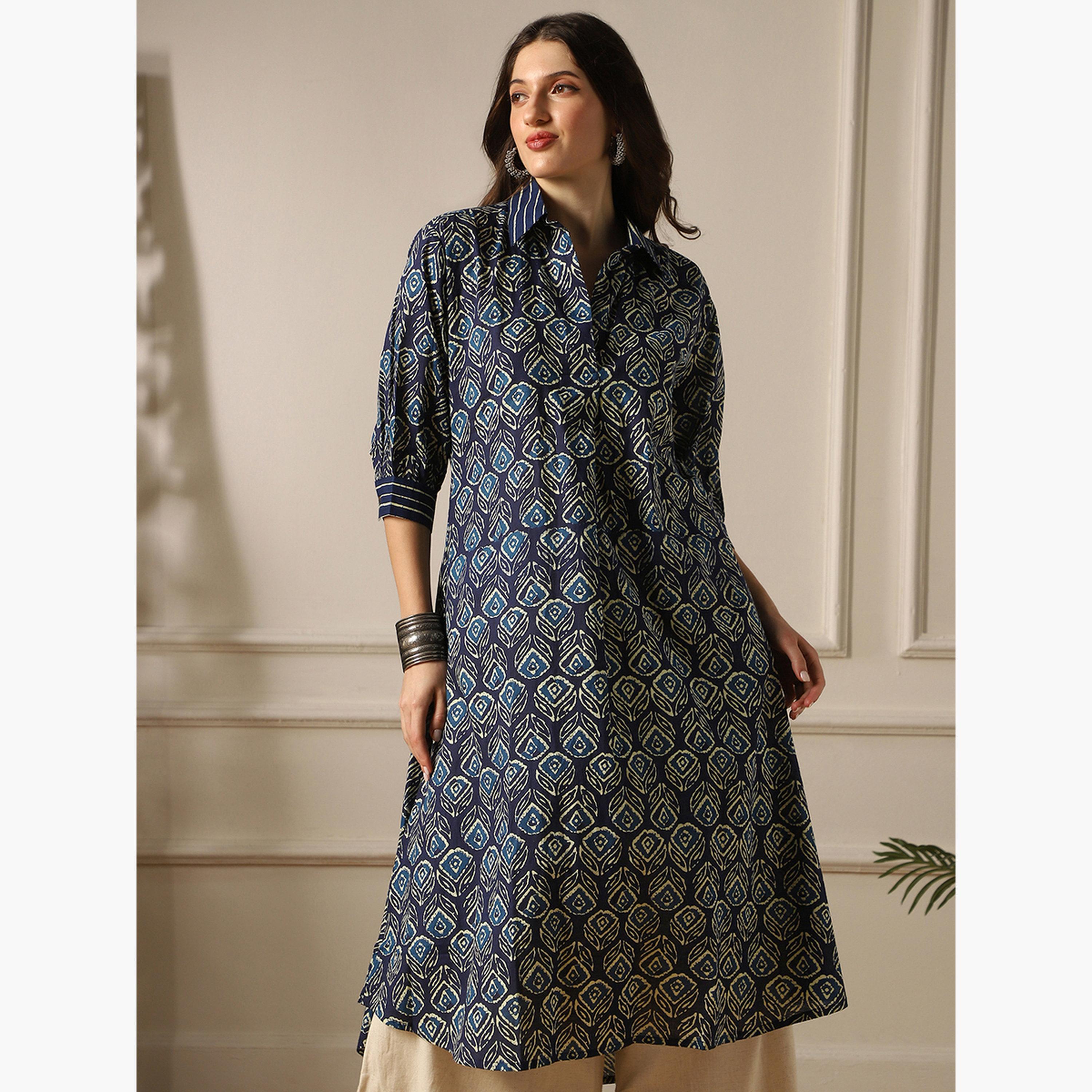 Globus X Styli Women Indigo Collared Ethnic Floral Print Kurta-women-clothing-ethnicwear-kurtas-image-4