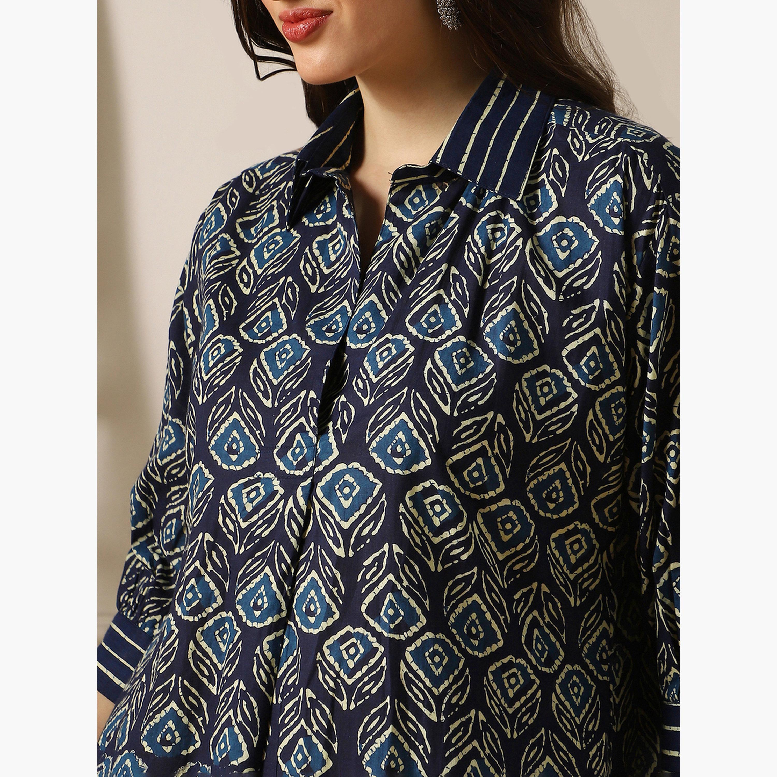 Globus X Styli Women Indigo Collared Ethnic Floral Print Kurta-women-clothing-ethnicwear-kurtas-image-5