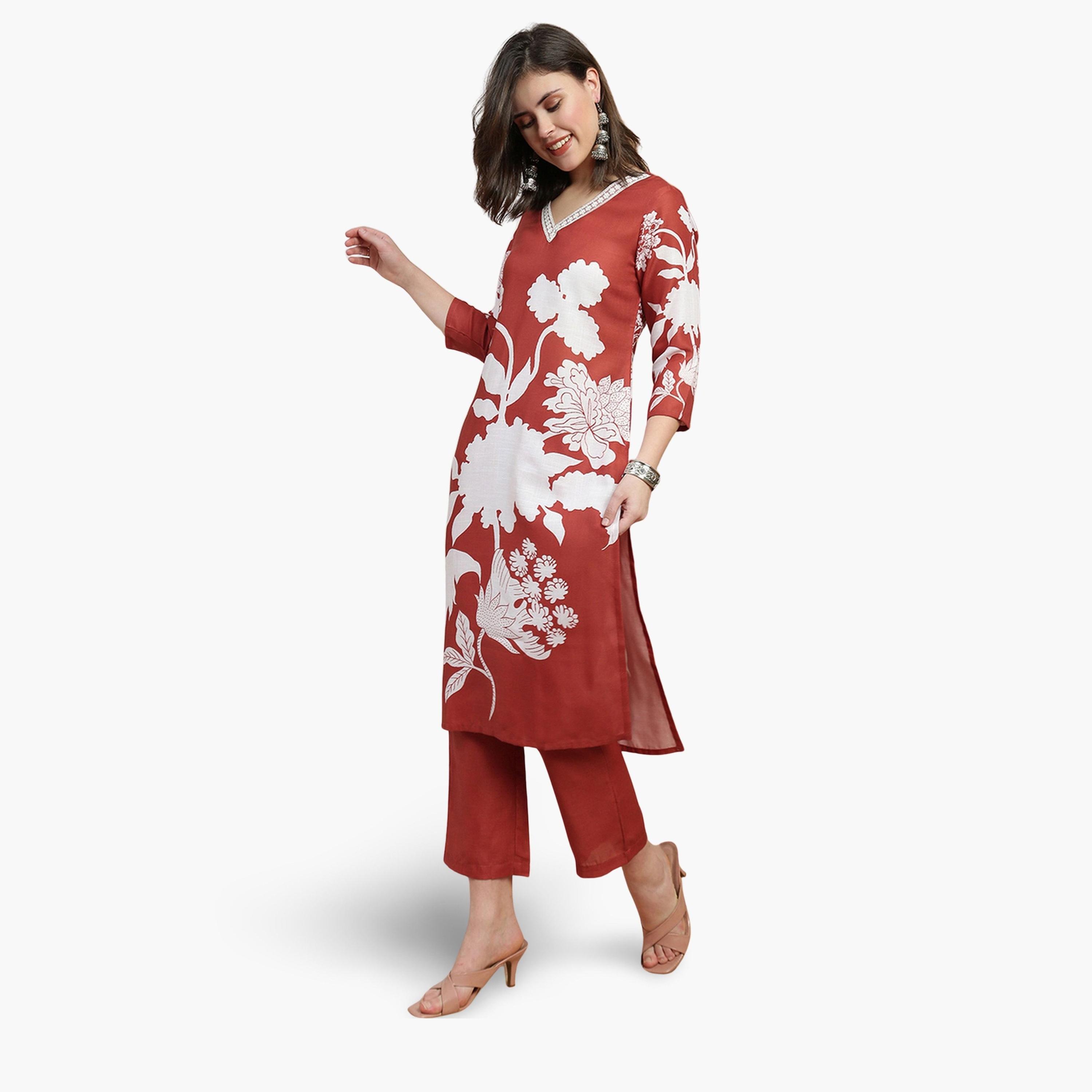 Globus X Styli Women Rust Floral Print Lace Insert Straight Kurta and Pant Set-women-clothing-ethnicwear-kurtasets-image-1