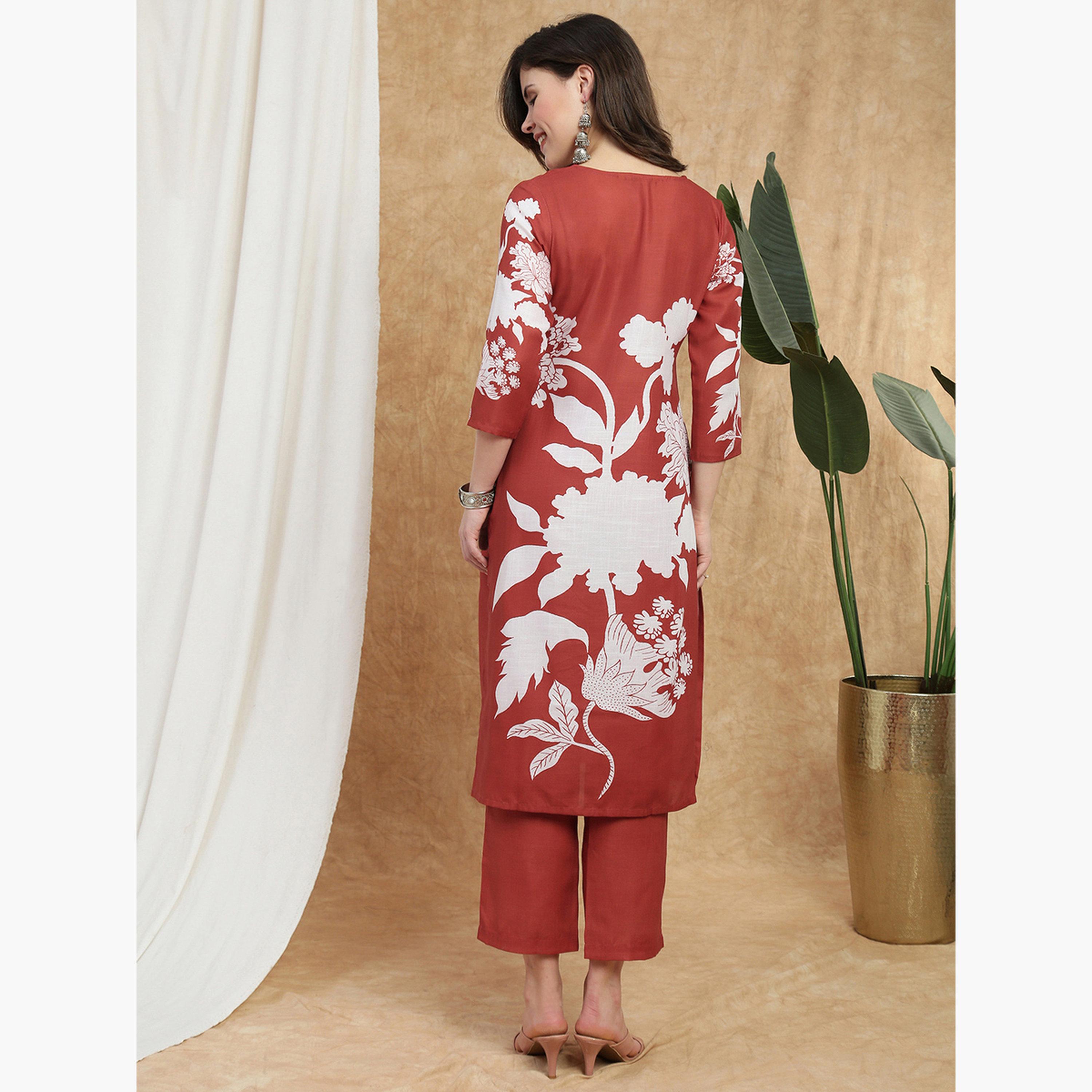 Globus X Styli Women Rust Floral Print Lace Insert Straight Kurta and Pant Set-women-clothing-ethnicwear-kurtasets-image-3